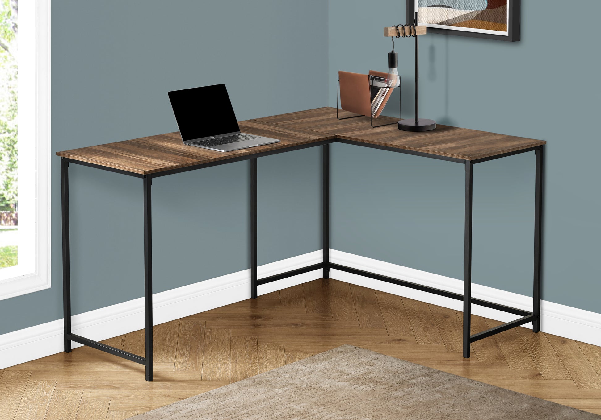 Computer Desk, Home Office, Corner, 58"L, L Shape, Work, Laptop, Brown Laminate, Black Metal, Contemporary, Modern Brown Particle Board