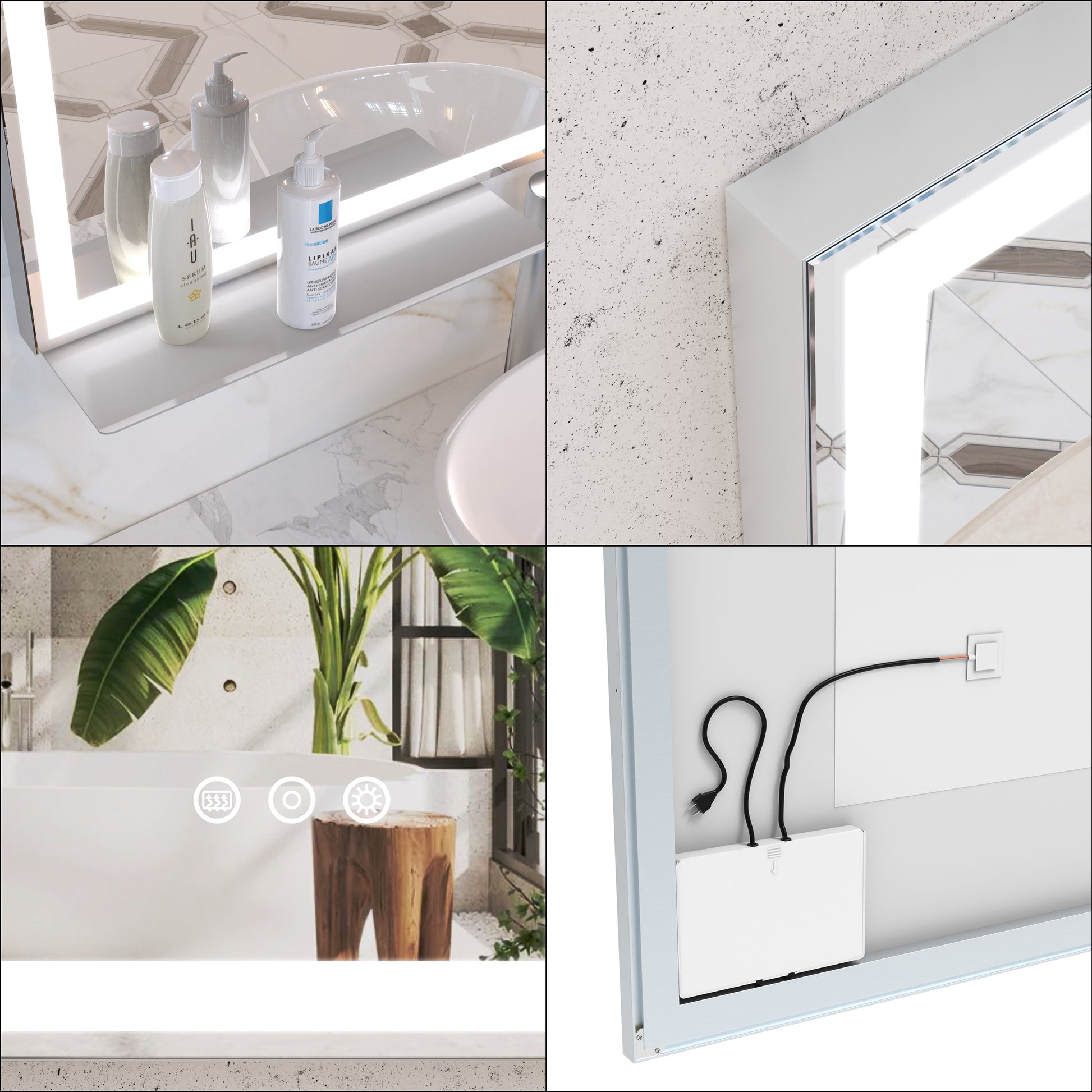 48X36 Inch Led Bathroom Vanity Mirror Wall Mounted Adjustable White Warm Natural Lights Anti Fog Touch Switch With Memory Modern Smart Large Bathroom Mirrors Silver Aluminium