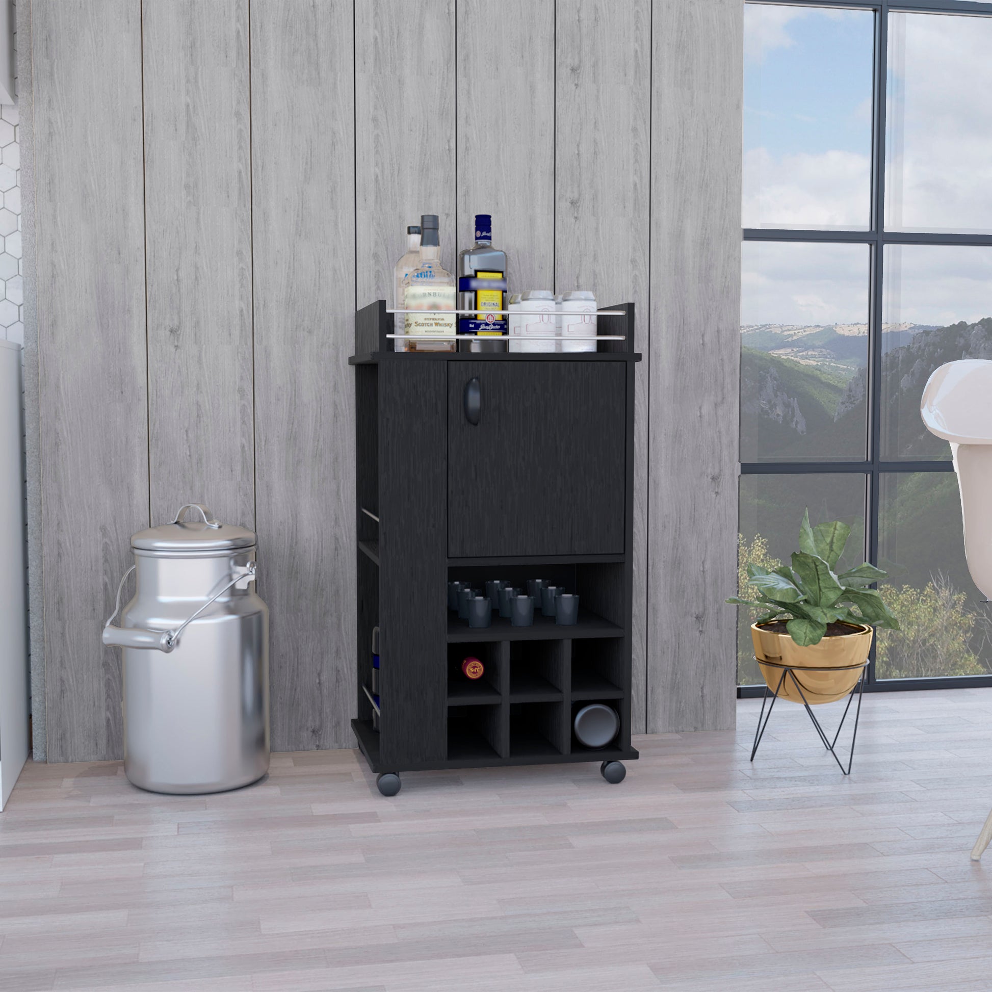 Fargo Bar Cart With Cabinet, 6 Built In Wine Rack And Casters Black Primary Living Space Modern Particle Board Open Storage Engineered Wood