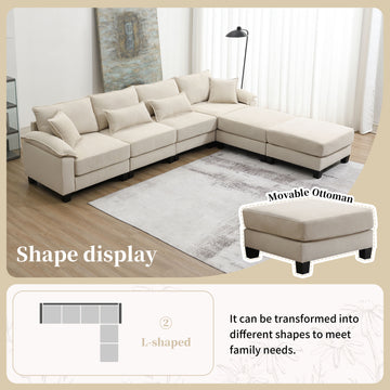 Wide Seat Corduroy Modular Sectional Sofa Bed,Sleeper Couch Set With Armrest Pillow,6 Seat Free Combination Sofa With Ottomans,Oversized Indoor Furniture For Living Room, 2 Colors Beige Corduroy 6