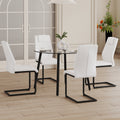 Table And Chair Set.A Modern Minimalist Style Round Clear Tempered Glass Table With Black Metal Legs.Paried With 4 Chairs With Modern Pu Leather High Back Upholstered And C Tube Black Metal Legs.