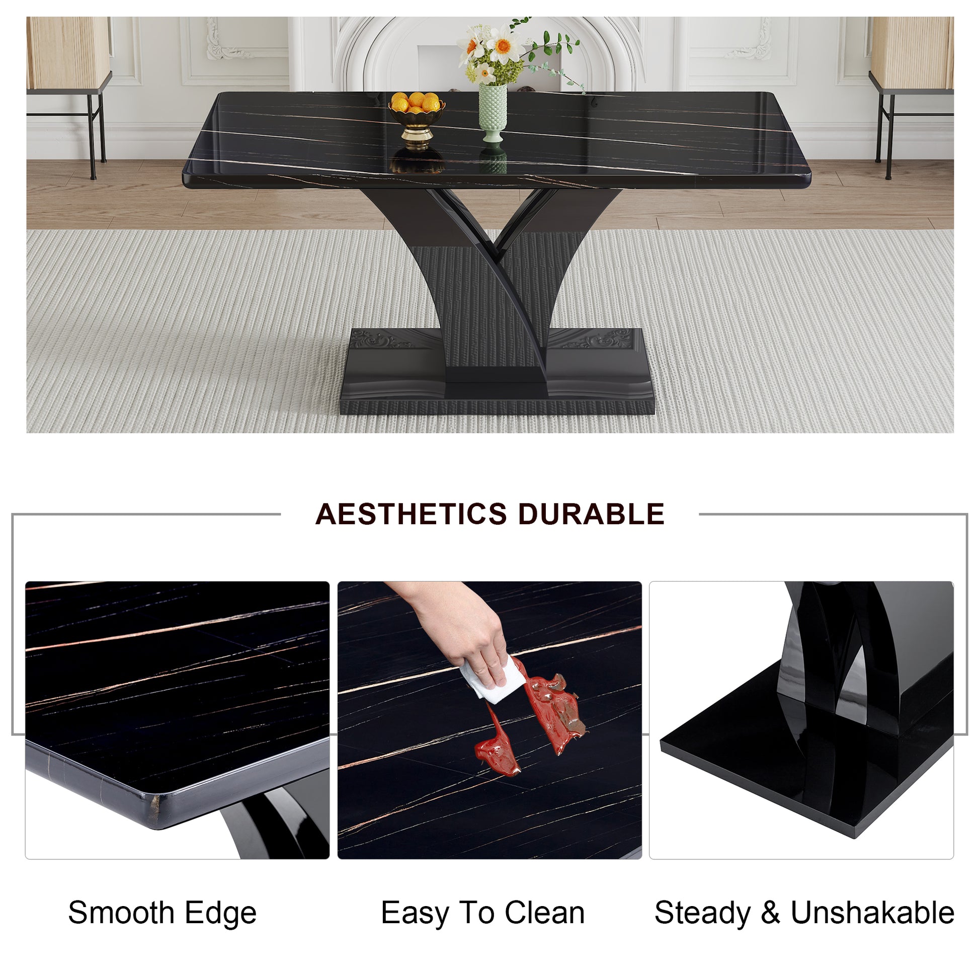 Modern Dining Table, Black Desktop And Black Mdf Leg Dining Table Are The Perfect Choice For Dinner, Conference, Home And Office Decoration F 790 Black Mdf