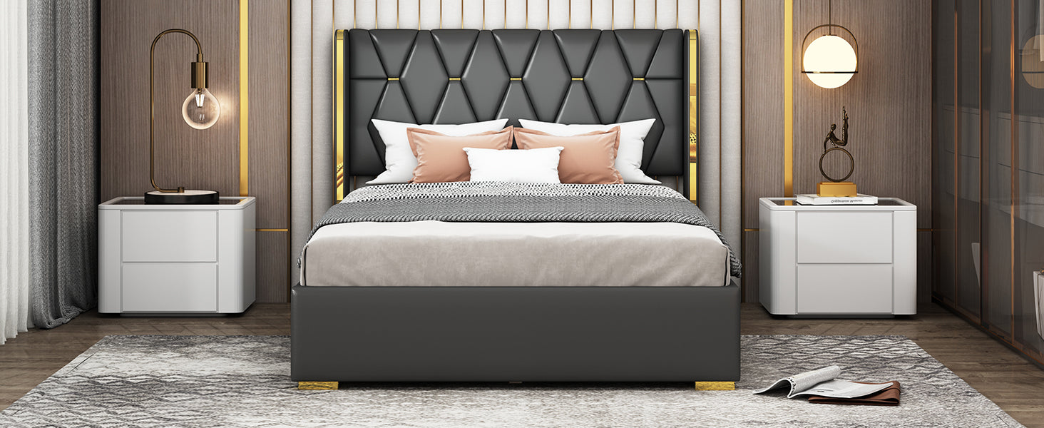 Full Size Upholstered Platform Bed With Metal Strips, Black Full Black Pu