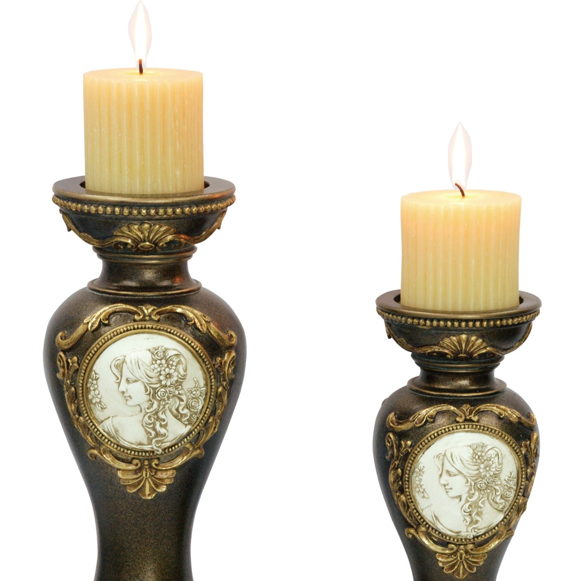 11" And 14" Tall Polyresin Candleholder, Bronze Finish Set Of 2 Bronze Polyresin