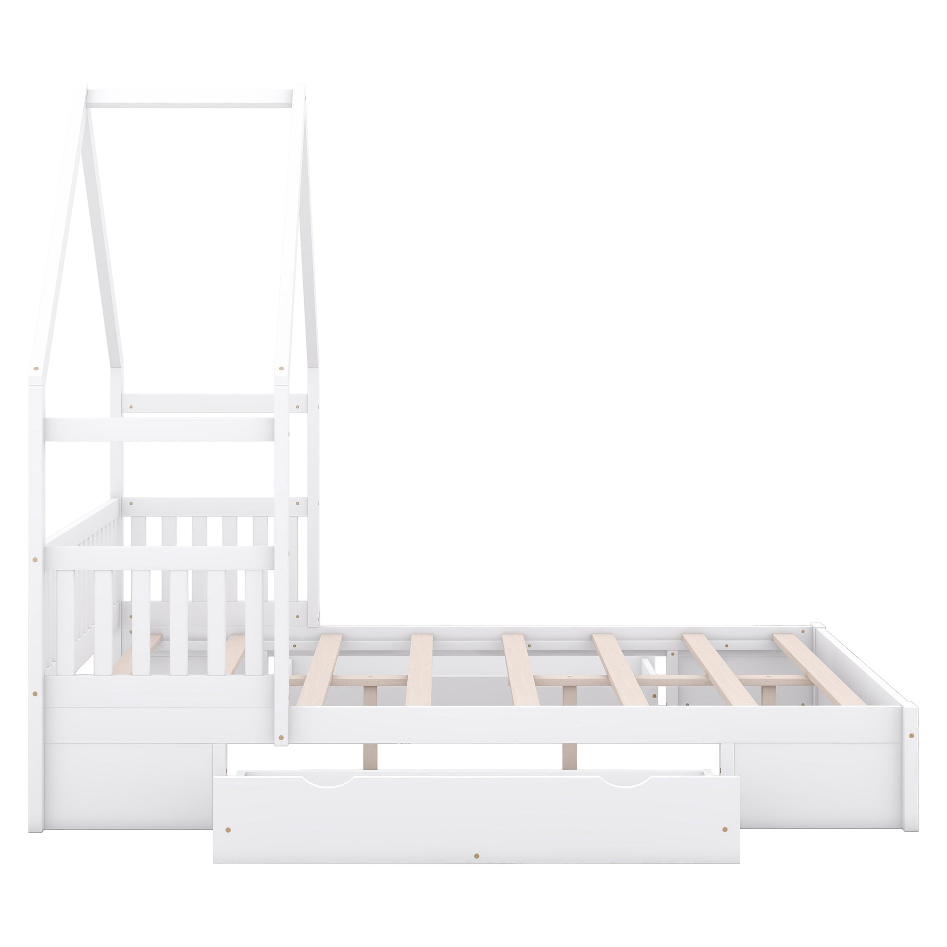 Wood Queen Size House Platform Bed With Guardrail And 2 Drawers, White Box Spring Not Required Queen White Wood Bedroom Bed Frame Solid Wood Mdf