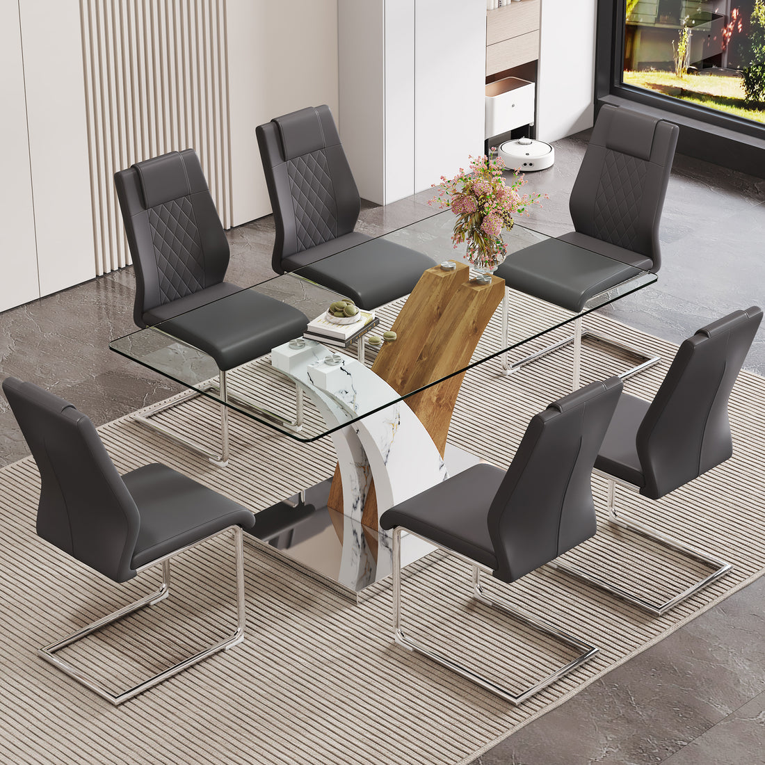 Table And Chair Set.Modern Dining Table, Tempered Glass Countertop With Artistic Mdf Legs.Paried With 6 Comfortable Chairs With Pu Seats And Metal Legs. Suitable For Various Decoration Styles. Gray,Transparent Seats 6 Mdf Glass