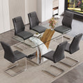 Table And Chair Set.Modern Dining Table, Tempered Glass Countertop With Artistic Mdf Legs.Paried With 6 Comfortable Chairs With Pu Seats And Metal Legs. Suitable For Various Decoration Styles. Gray,Transparent Seats 6 Mdf Glass