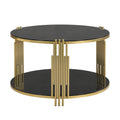 Modern Black Mirror Coffee Table, Asymmetrical Metal, Circular Metal Drum Base, Gold Finish & Lower Shelf Black Tempered Glass