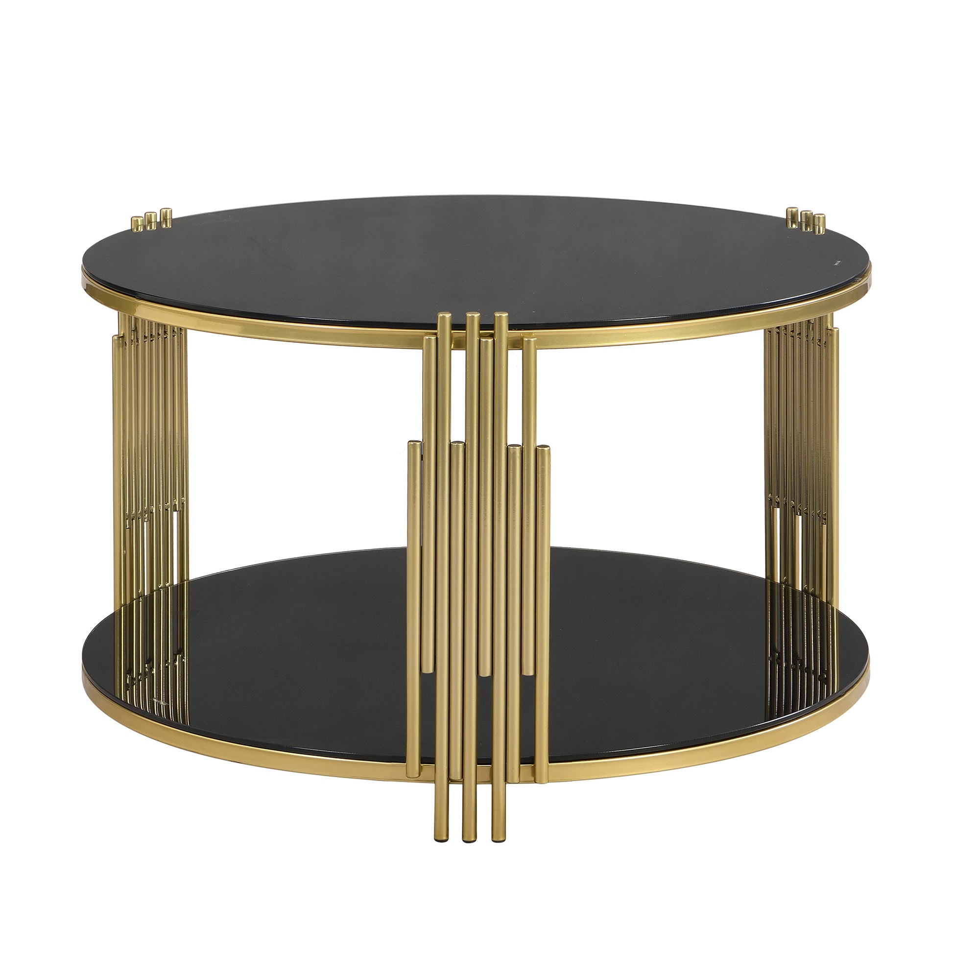 Modern Black Mirror Coffee Table, Asymmetrical Metal, Circular Metal Drum Base, Gold Finish & Lower Shelf Black Tempered Glass