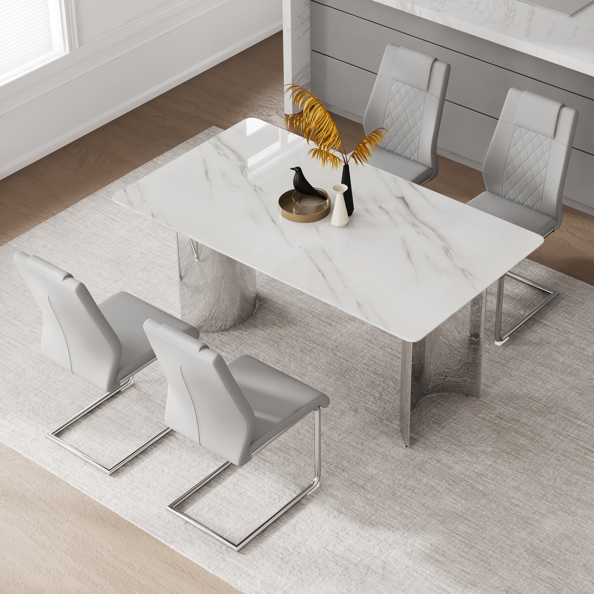 Table And Chair Set.Modern Minimalist Dining Table. Imitation Marble Glass Sticker Desktop, Stainless Steel Legs, Stable And Beautiful. Comfortable Pu Seats.Dt 69 Silver Glass