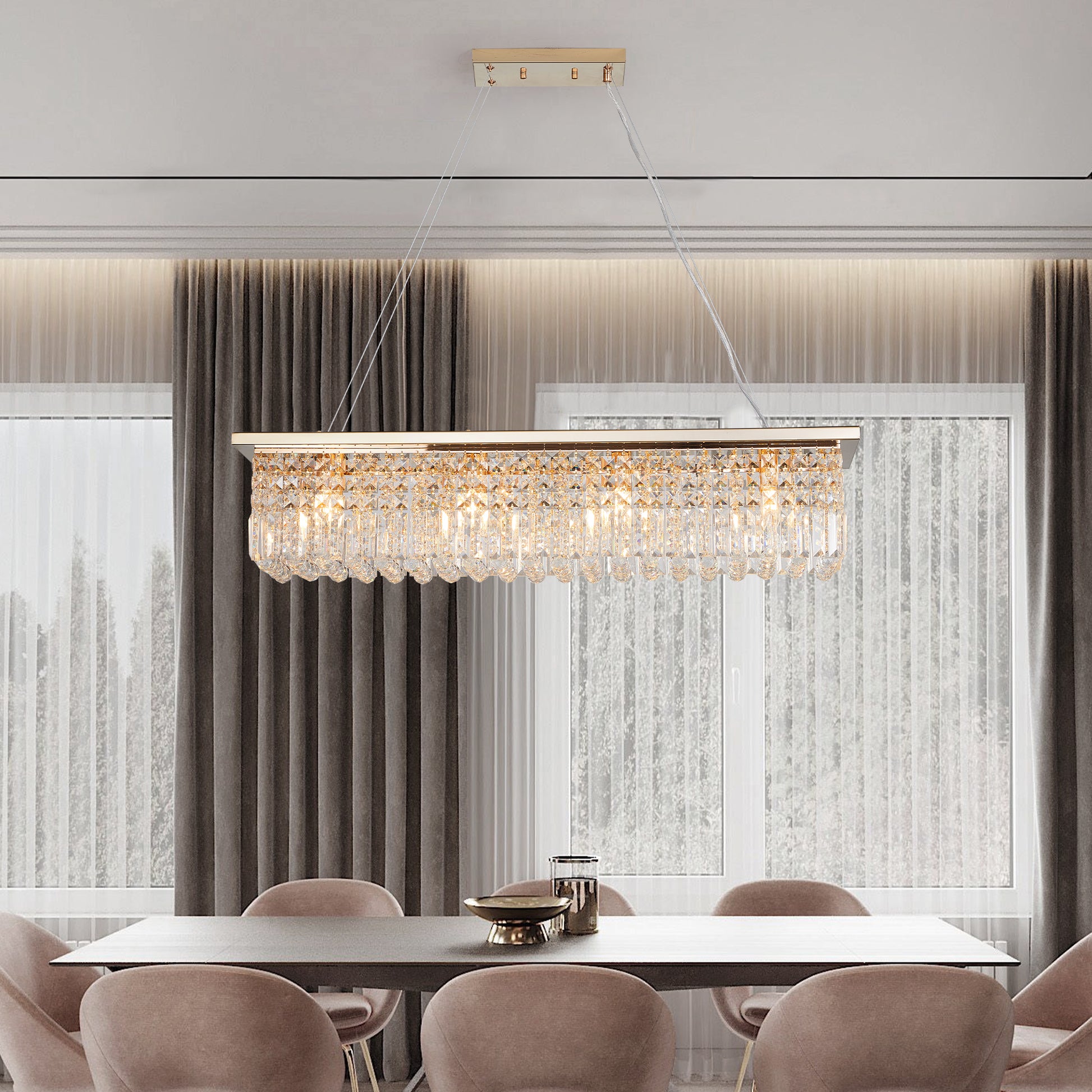 Modern Crystal Chandelier For Dining Room 8 Light Gold Rectangle Raindrop Chandelier Contemporary Rectangular Pendant Light Fixture For Kitchen Island Bar L39.4'' X W9.8'' X H8.7' Bulb Not Included Gold Crystal Iron