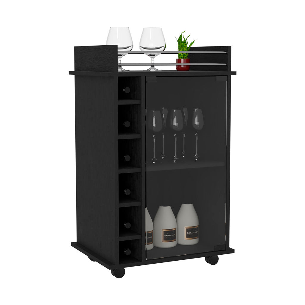 32" H Black Bar Coffee Cart, Kitchen Or Living Room Cabinet Storage With With 4 Wheels, With 6 Bottle Racks, A Central Shelf Covered By 1 Glass Door, 1 Support Surface With Aluminum Front. Black Particle Board Particle Board