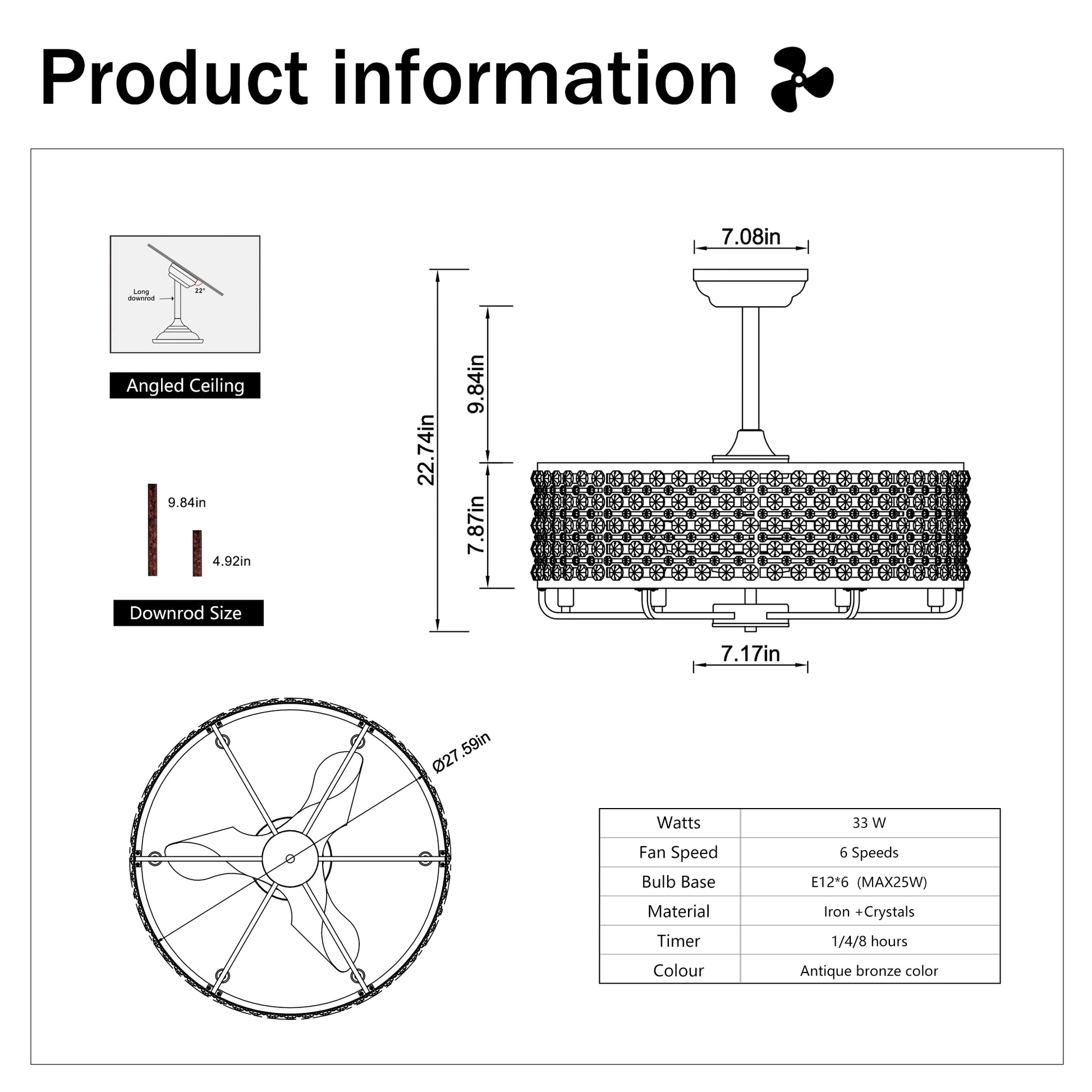 Dia 26.8 Inch Chandelier Ceiling Fan ,Crystal Shade Ceiling Fan With Remote Control,3 Abs Blade 4 Light No Include Bulb Rustic Brown American Design,American Traditional,Classic,Contemporary,Farmhouse Abs Metal