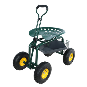 Garden Trolley Rolling Work Chair With Wheels, Garden Stool For Planting, 360 Degree Swivel Seat, Station Wagon Scooter With Steering Handle And Utility Tray, For Yard And Outdoors, Green Green Garden & Outdoor Iron