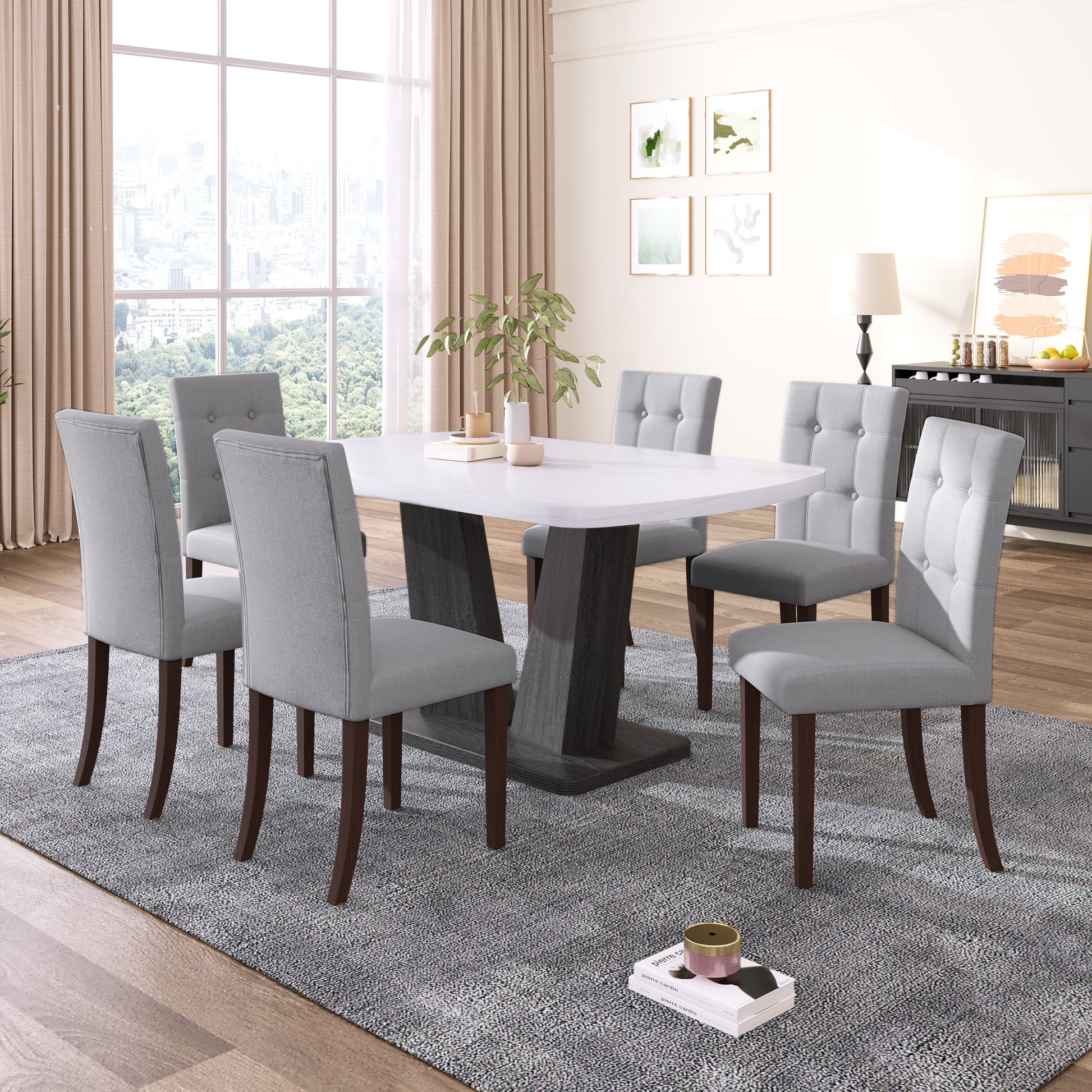 Dining Table Set For 6, 7 Piece Kitchen Table Chairs Set, 1.8" Thickness Tabletop And V Shaped Table Legs, Modern Dining Room Set With 63 Inch Dinner Table And 6 Upholstered Chairs For Dining Room Wood Grey White Dining Room Classic,Mid Century