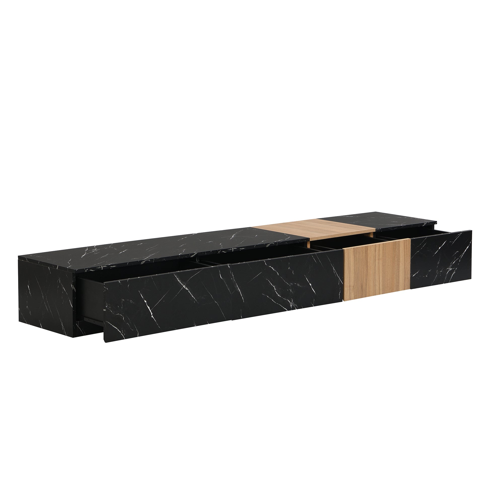 Tv Stand With Faux Marble And Walnut Wood Grain Finish For Tvs Up To 88'', Modern Free Combination Entertainment Center With 4 Storage Drawers For Living Room, Black Black 80 89 Inches Particle Board