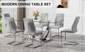 Table And Chair Set.Contemporary, Minimalist Rectangular Dining Table Featuring A Clear Tempered Glass Top And Sleek Silver Legs. Paried With Chairs Made Of Pu Material Cushion And Silver Metal Legs. Gray Seats 6 Glass Metal