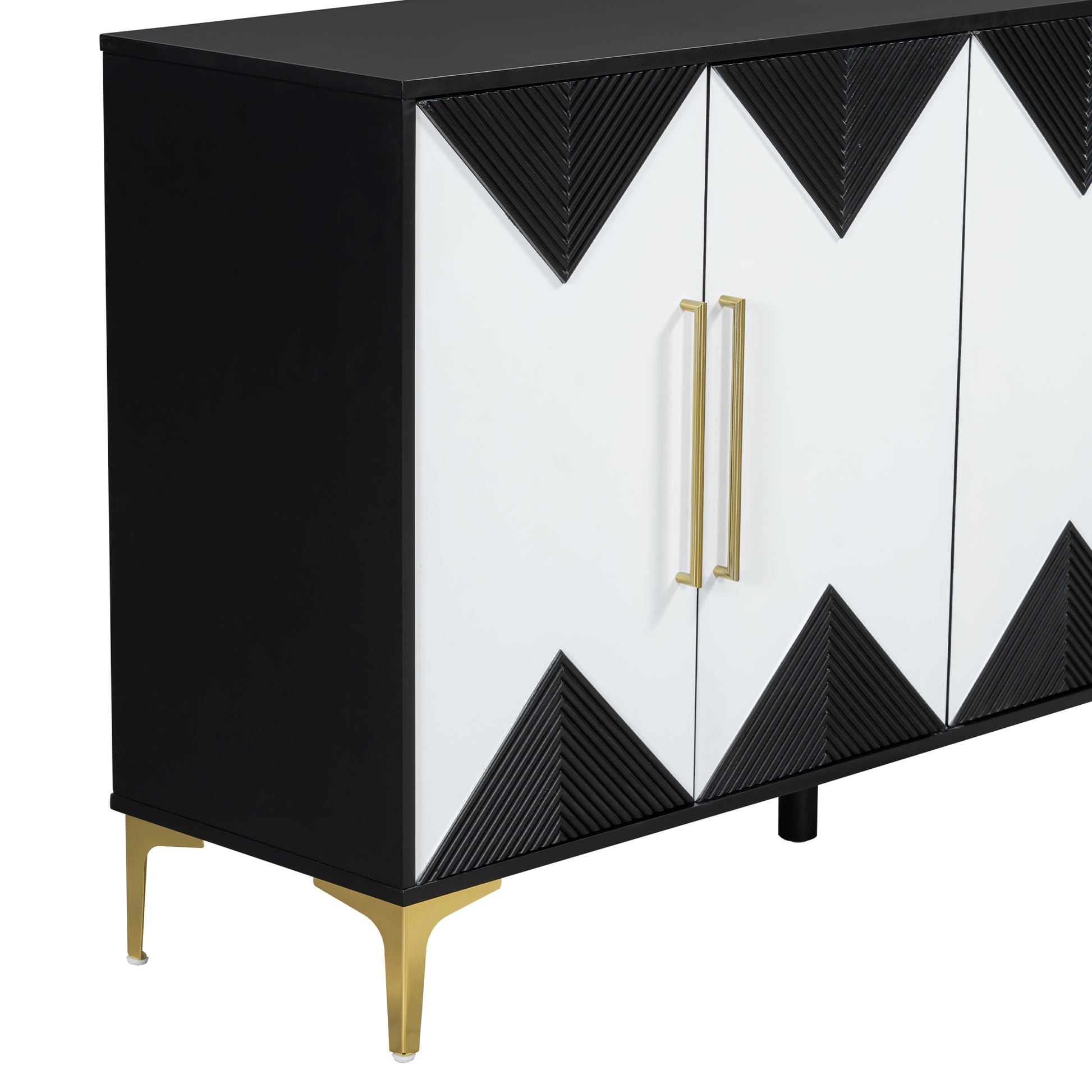 Unique Features Of A Four Door Cabinet With Two Tone Triangular Pattern Doors, Suitable For Entryway, Hallway, Living Room 3 4 Spaces Black White Primary Living Space Adjustable Shelves Artsy,Contemporary Mdf