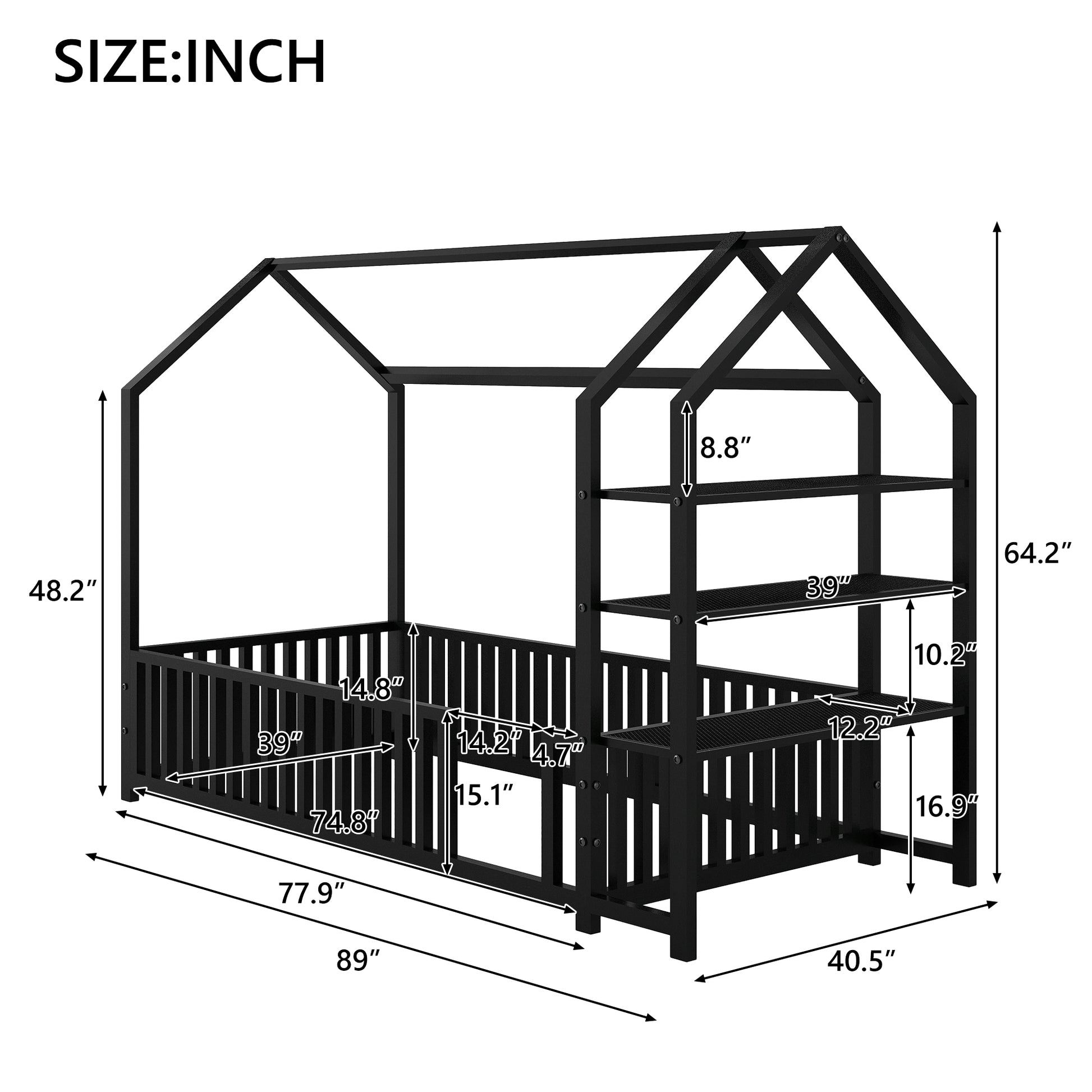 Twin Size Metal House Bed With Fence And Detachable Storage Shelves, Black Twin Black Metal