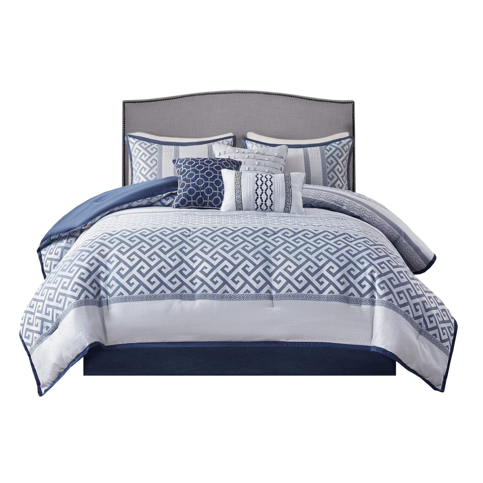 7 Piece Jacquard Comforter Set Navy Queen Queen Navy Polyester