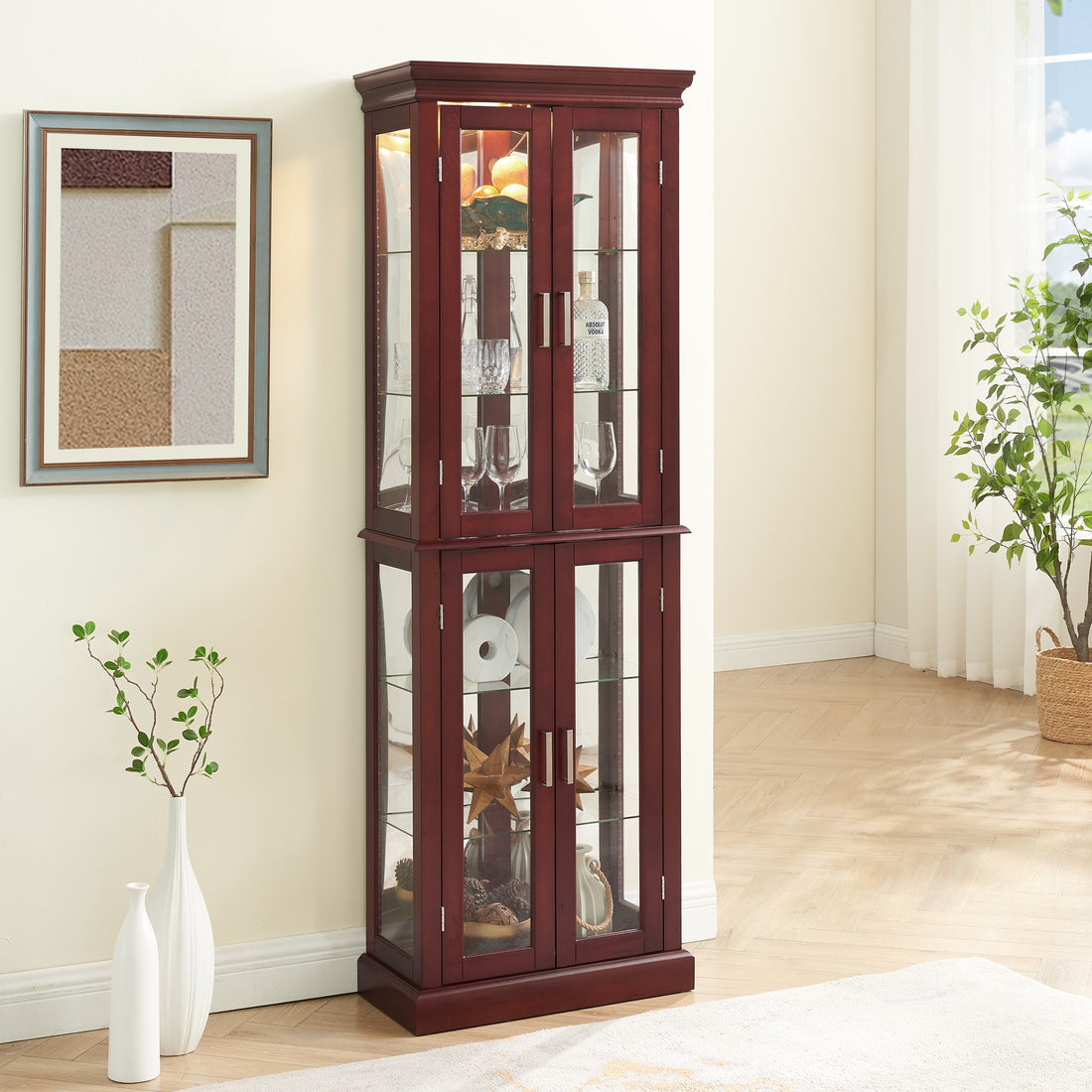 Curio Cabinet Lighted Curio Diapaly Cabinet With Adjustable Shelves And Mirrored Back Panel, Tempered Glass Doors Cherry, 6 Tier , E26 Light Bulb Not Included Cherry Mdf