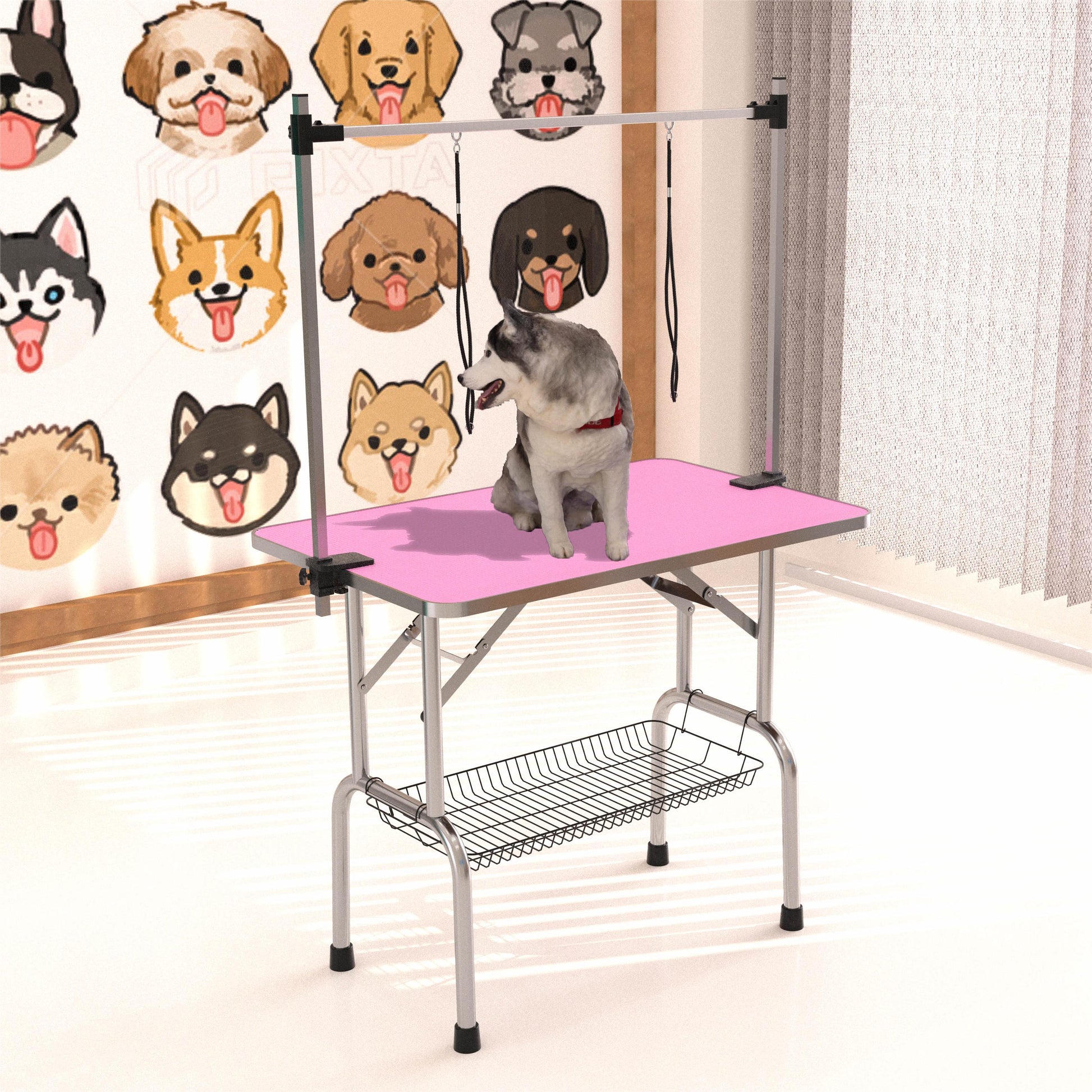 46" Folding Dog Pet Grooming Table Stainless Steel Frame Rubber Mat On Board With Adjustable Arm And Clamps Pet Dog Cat Grooming Table Pink Color Pink Rubber Stainless Steel