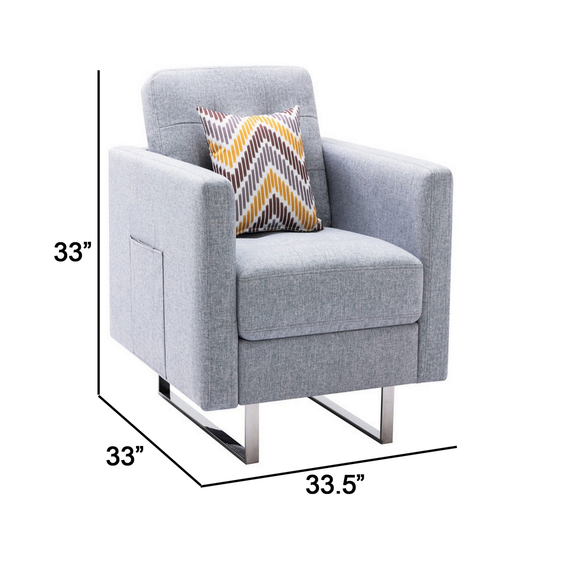 Lewa 34 Inch Modern Accent Armchair, Silver Metal Legs, Tufted, Light Gray Gray Silver Wood Fabric