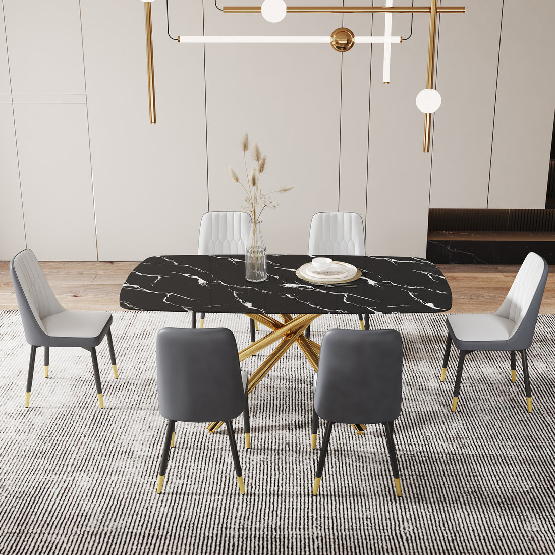 Large Modern Minimalist Rectangular Dining Table With 0.39 "Imitation Marble Black Tabletop And Golden Metal Legs, Paired With Chairs With Pu Cushions And Black Metal Legs. F 1537 C 007 Black Gold Glass Metal