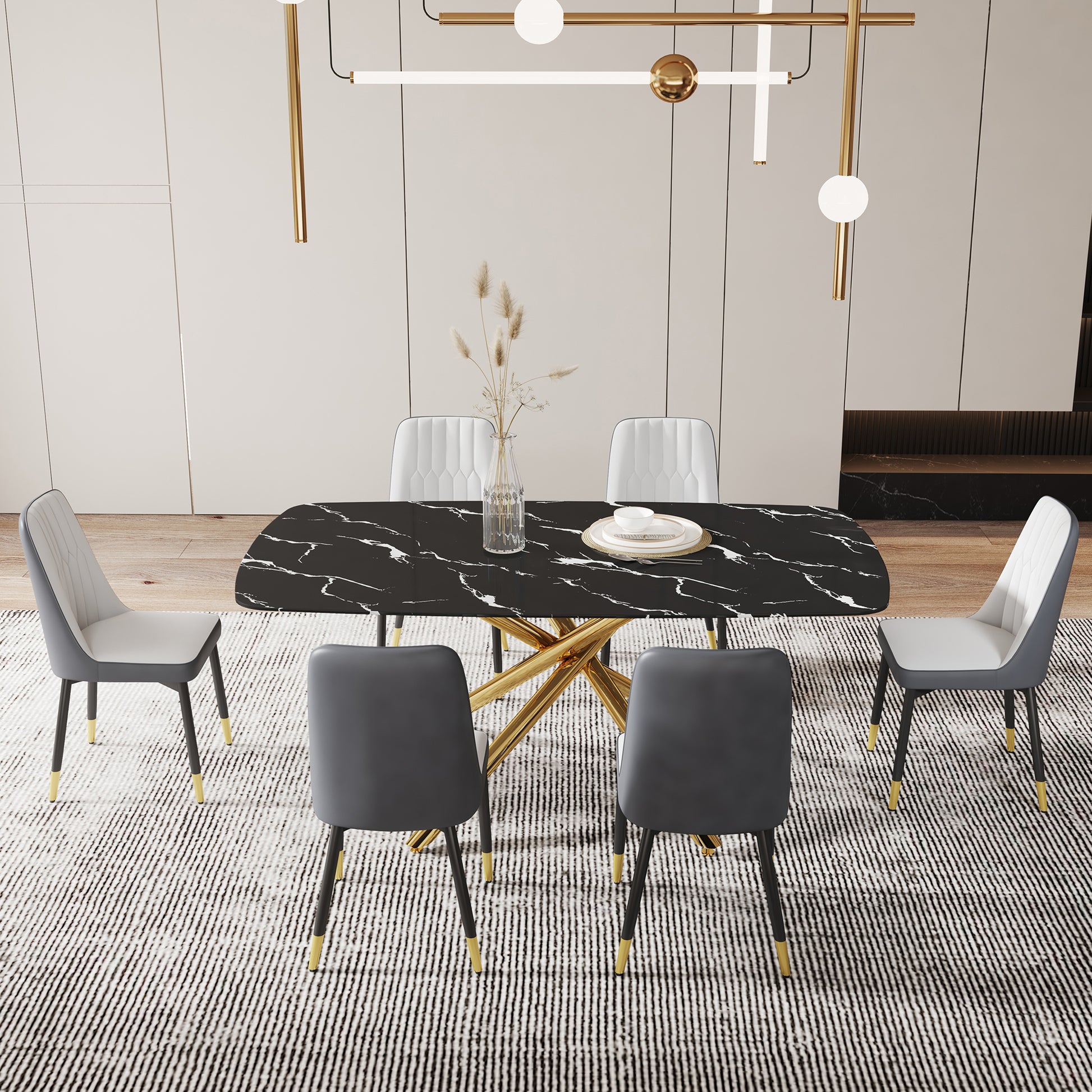 Large modern minimalist rectangular dining table with black+gold-glass+metal