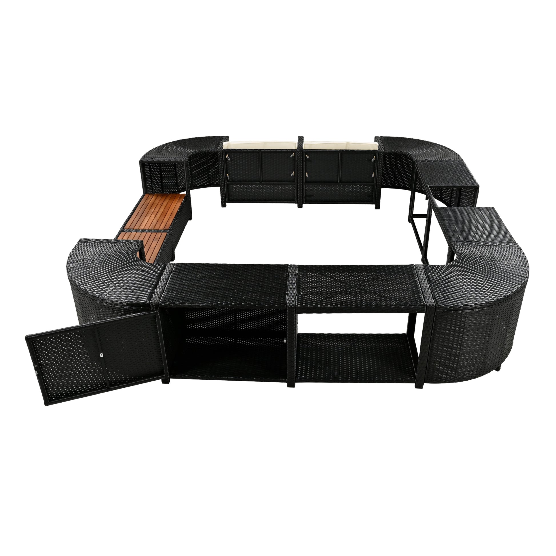 Spa Surround Spa Frame Quadrilateral Outdoor Rattan Sectional Sofa Set With Mini Sofa,Wooden Seats And Storage Spaces, Beige Yes Beige Water Resistant Frame Water Resistant Cushion Garden & Outdoor Sectional Seating Groups Foam Rattan Waterproof Fabric