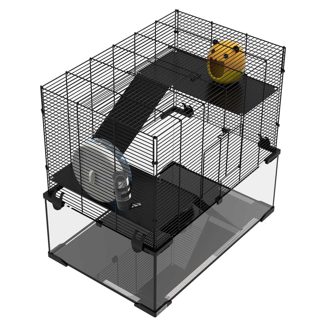 Pawhut Hamster Cage, 23.5" Gerbil Cage With Glass Basin, Ramps, Platforms, Hut, Exercise Wheel, For Small Hamsters, Black Black Steel