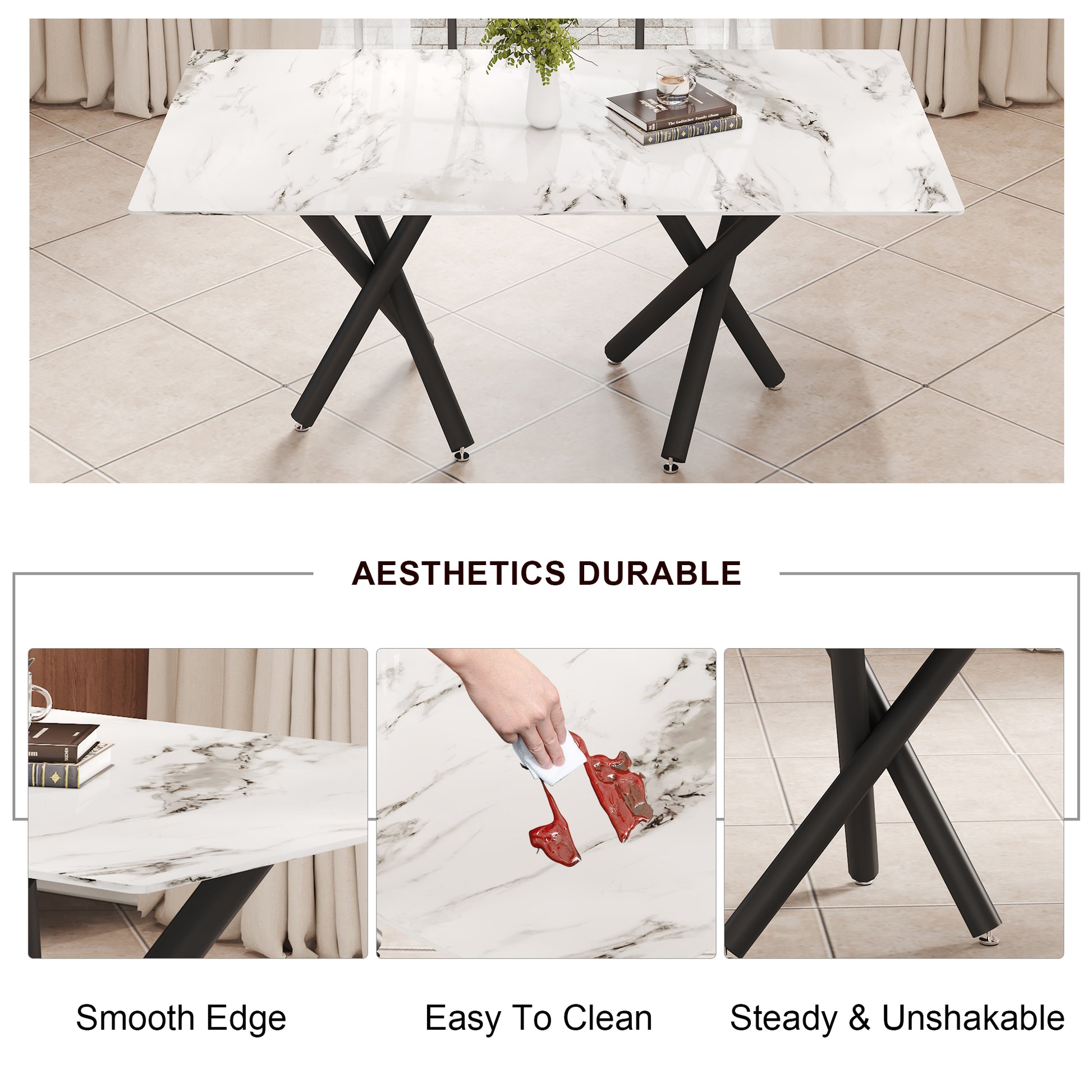 1 Table And 8 Chairs. A Rectangular Dining Table With A White Imitation Marble Tabletop And Black Metal Legs. Paired With 8 Chairs, Equipped With Pu Leather Seat Cushions And Black Metal Legs. F 1538 Black Glass Metal