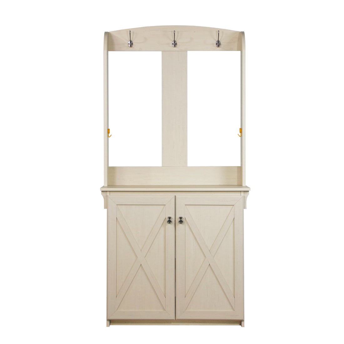 Hall Tree & Cabinet "Vintage Antique White Hall Tree With Spacious Storage Elegant Entryway Furniture With Robust Metal Hooks" White Solid Wood