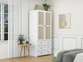 2 Door Wardrobe With 3 Drawers High Wardrobe Armoire With 2 Rattan Door For Living Room, Bedroom Organizer White Particle Board Mdf