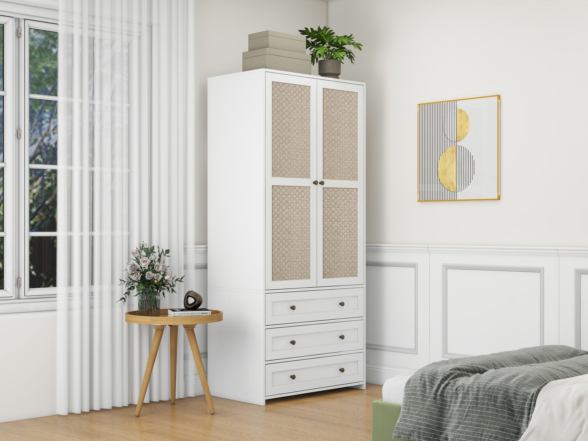 2 Door Wardrobe With 3 Drawers High Wardrobe Armoire With 2 Rattan Door For Living Room, Bedroom Organizer White Particle Board Mdf