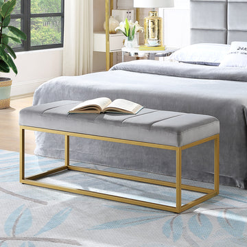 Modern Tufted Channel Entryway Bench Emerald Velvet Upholstered End Of Bed Bench With Metal Frame,Footboard Bench For Living Room, Bedroom Gray Foam Velvet