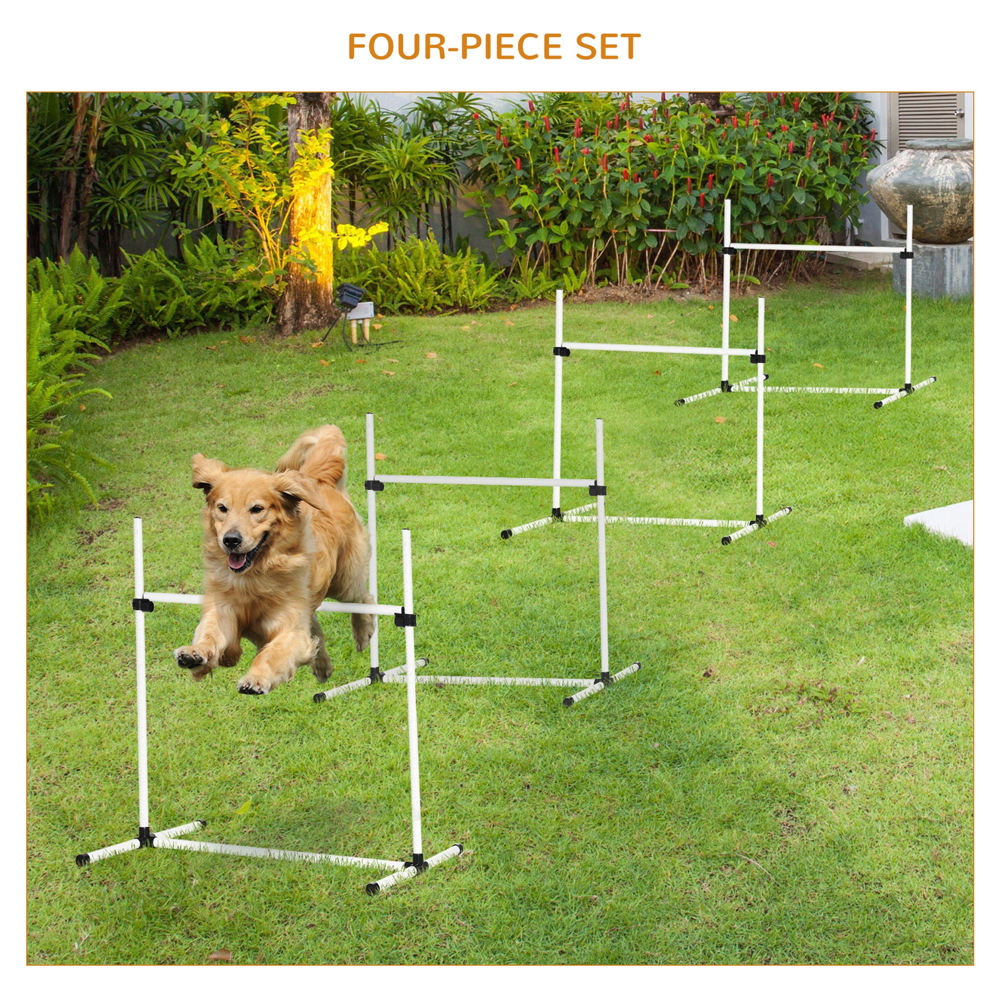 Pawhut 4 Piece Dog Agility Training Equipment For Dog Agility Course With Adjustable Height Jump Bars, Included Carry Bag, & Displacing Top Bar, White White Plastic