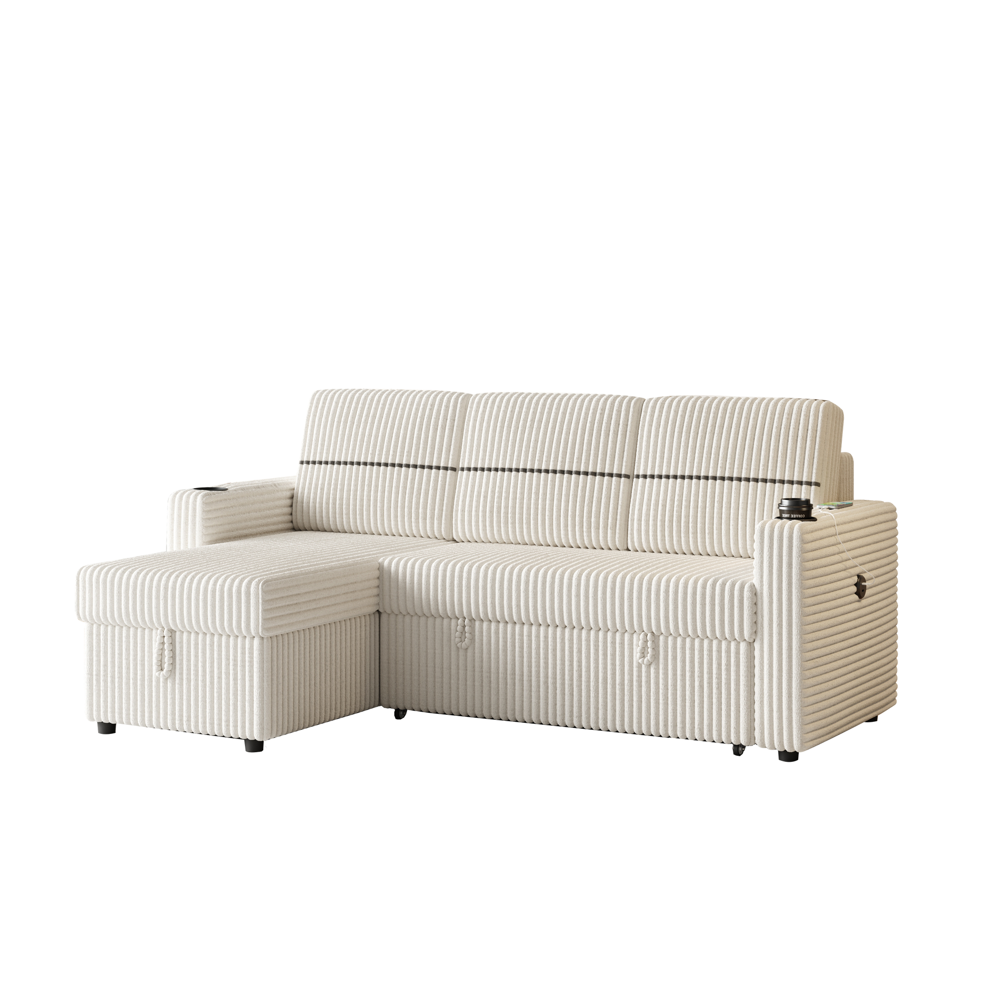 85 Inches Corduroy Sofa Bed, 3 Seater Sleeper Sofa With Storage Chaise, Square Handrail With Two Cup Holder And Usb Charge Port, Pull Out Couch For Living Room Beige Corduroy 3 Seat