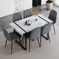 Table And Chair Set.A Modern Minimalist White Marble Veined Mdf Dining Table With Metal Frame.Paired With 6 Dark Gray Dining Chairs With Fabric Cushion And Black Metal Legs. Dark Gray,White Seats 6