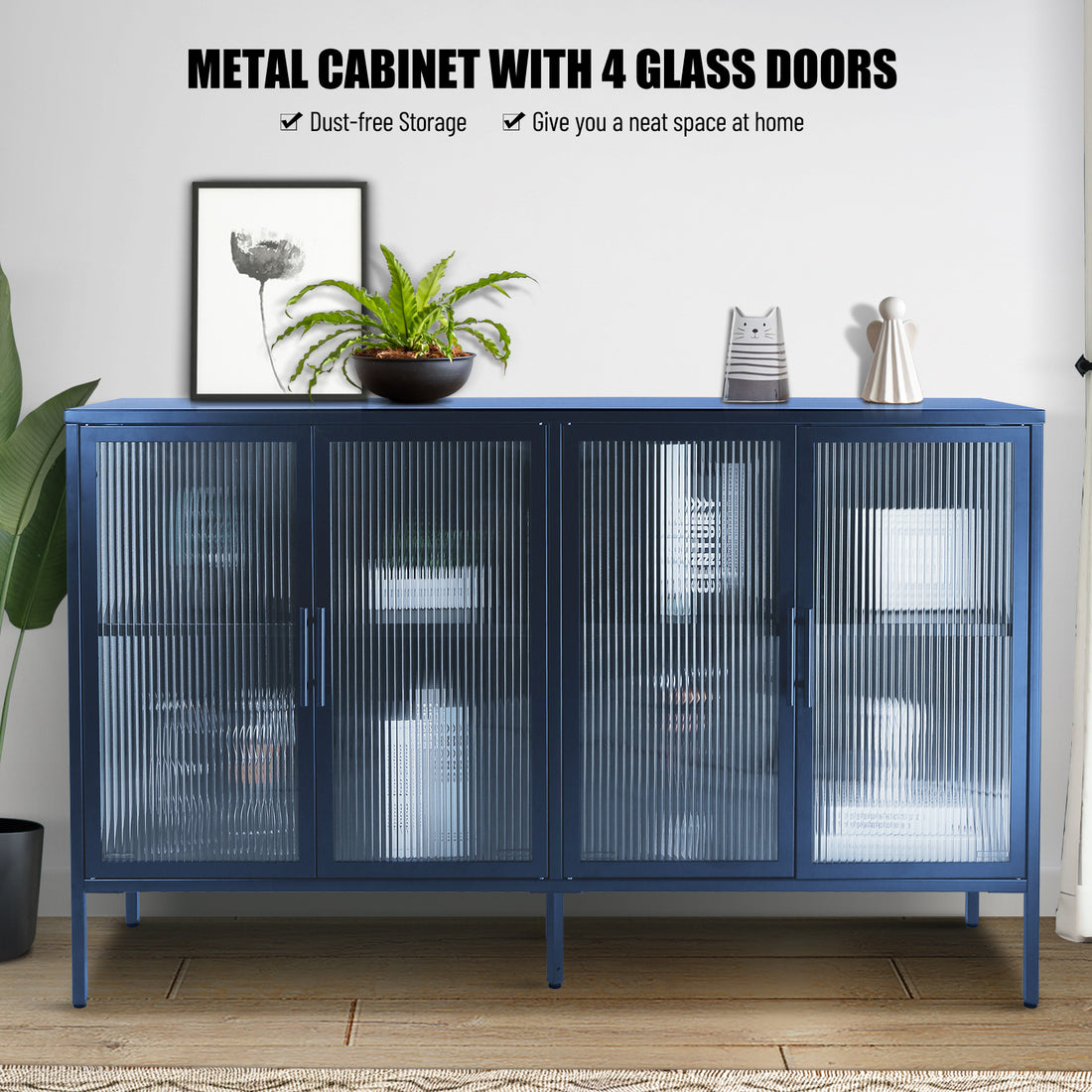 Stylish 4 Door Tempered Glass Cabinet With 4 Glass Doors Adjustable Shelf And Feet Anti Tip Dust Free Fluted Glass Kitchen Credenza Blue Blue Tempered Glass Sheet Metal Plastic