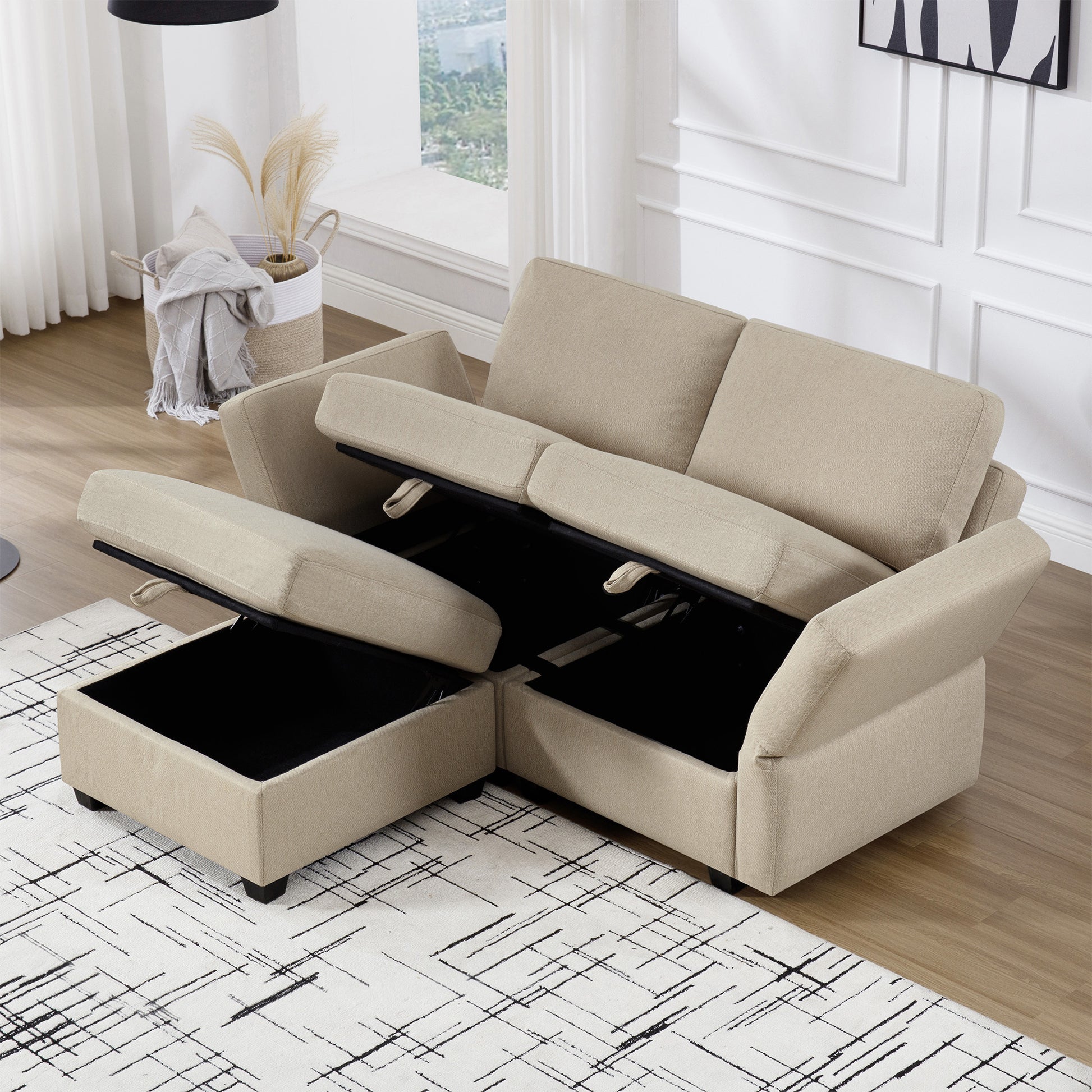 Space Saving Small Sectional Sofa With Ottoman, 2 Seater Sofa With 1 Ottoman, All Seats And Ottomans With Storage Function Beige Beige Fabric 2 Seat