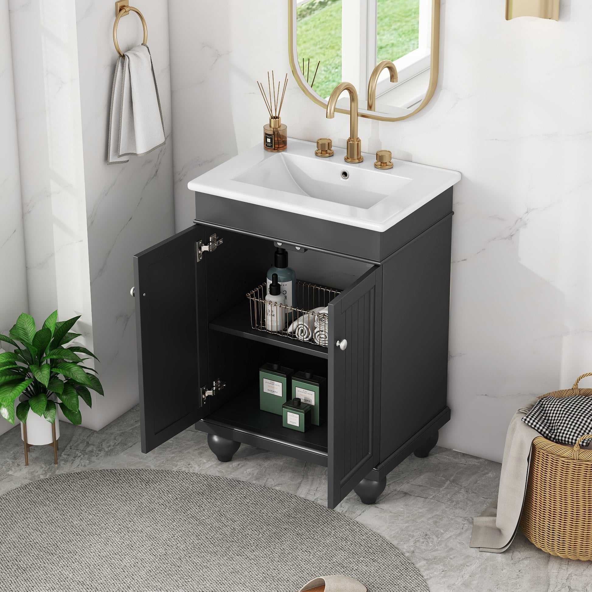24" Black Modern Sleek Bathroom Vanity Elegant Ceramic Sink With Solid Wood Frame, Adjustable Shelf Black Solid Wood Mdf