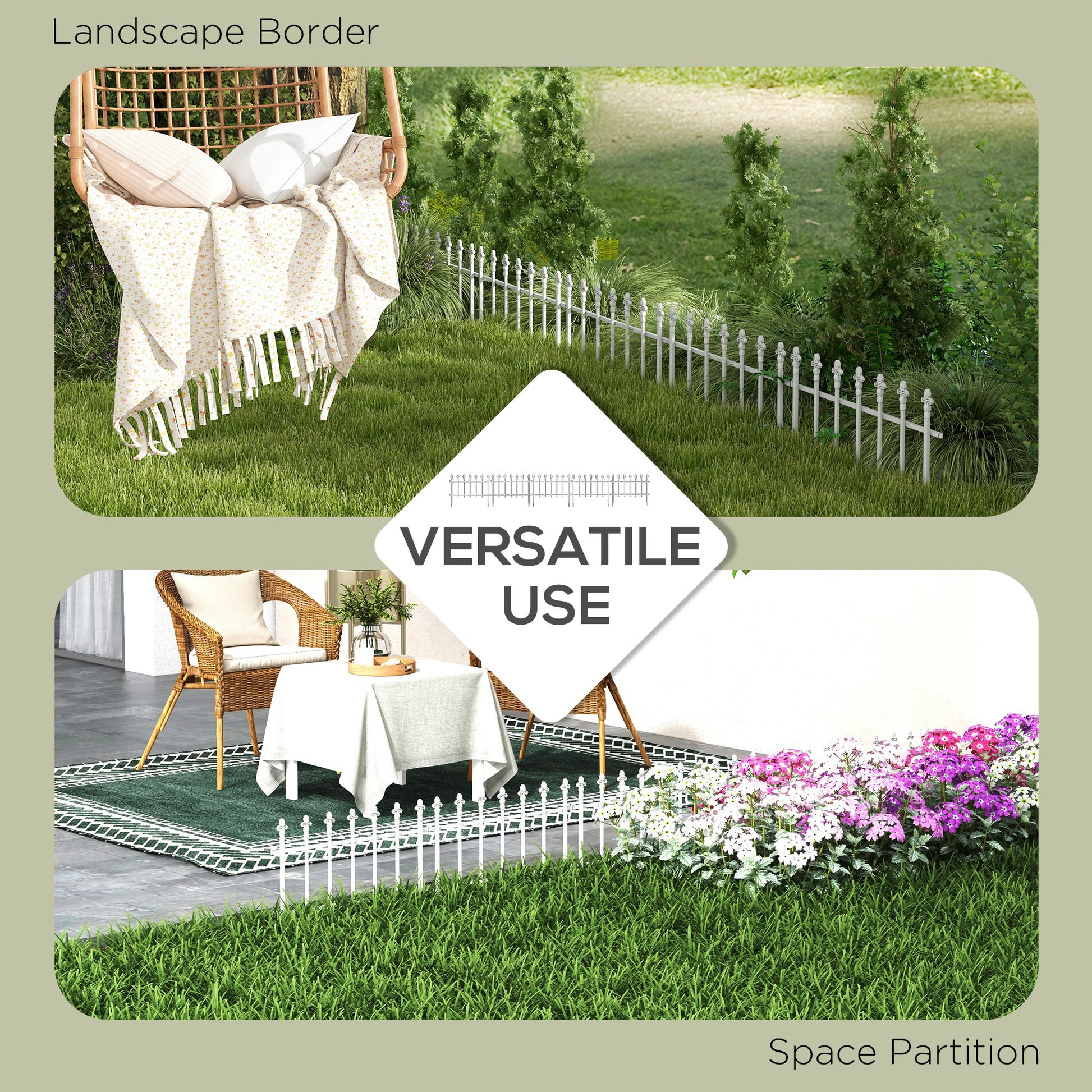 Outsunny Metal Decorative Garden Fence, 9.2' X 17.25" 5 Pack Steel Fence Panels, Decorative Border Fence For Landscape, Flower Bed, Yard Decor, Animal Barrier, White White Steel