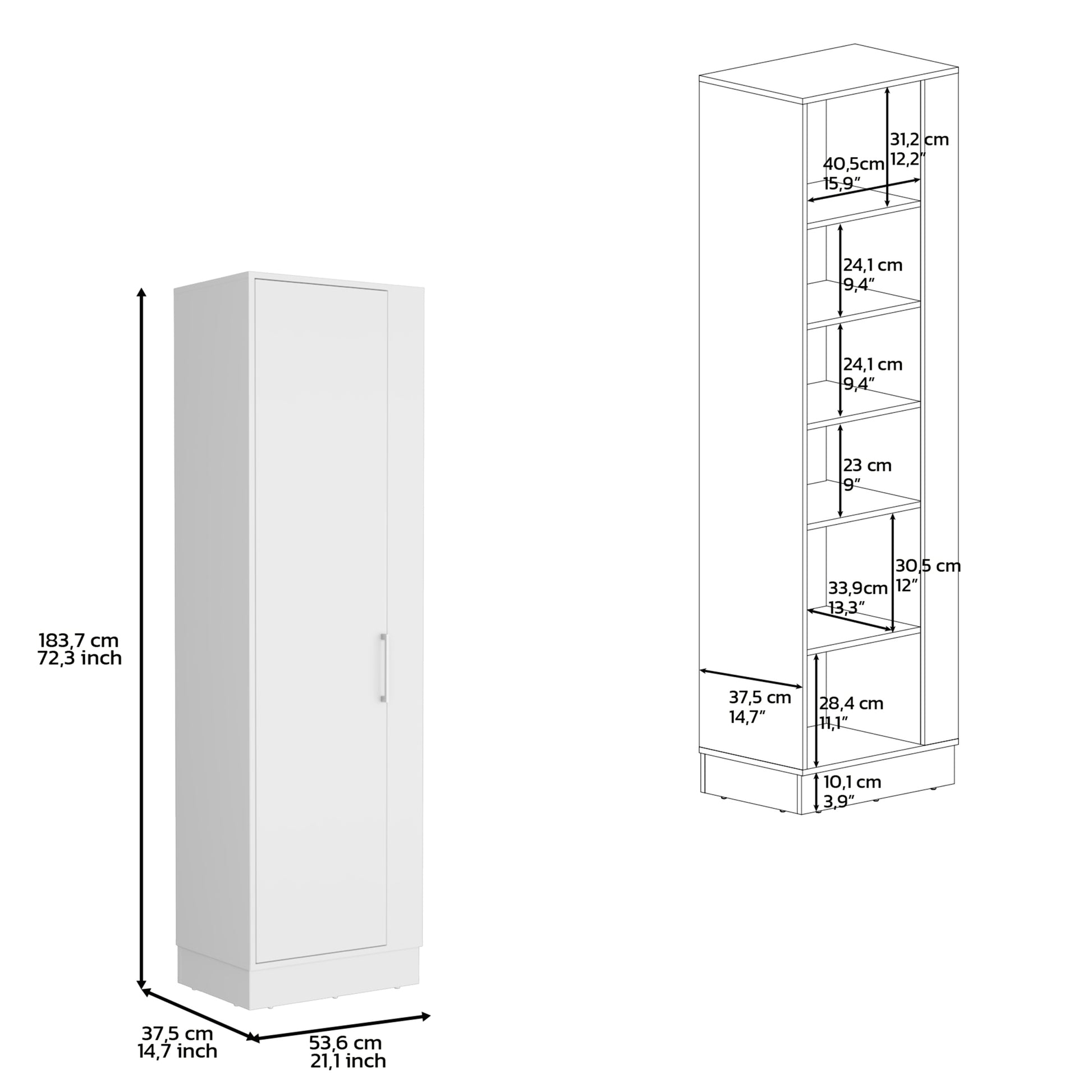 Storage Cabinet 72"H, Six Internal Shelves, One Door, Three Broom Hangers, White White Particle Board Particle Board