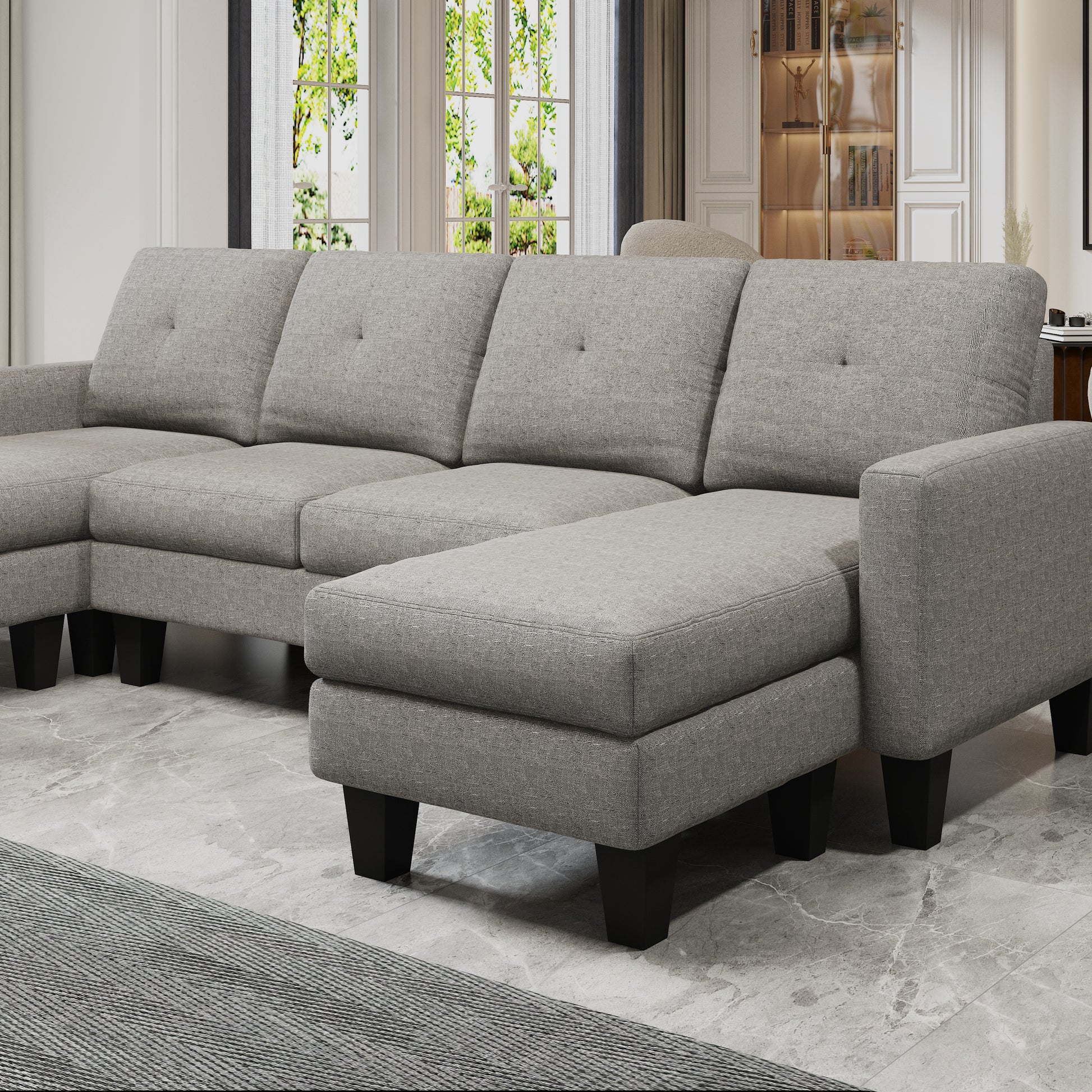 U Shaped Sofa Coch 4 Seat Sofa With Chaise Polyester Fabric For Living Room Apartment Office Light Grey Light Gray Primary Living Space Soft Eucalyptus Foam Linen 4 Seat
