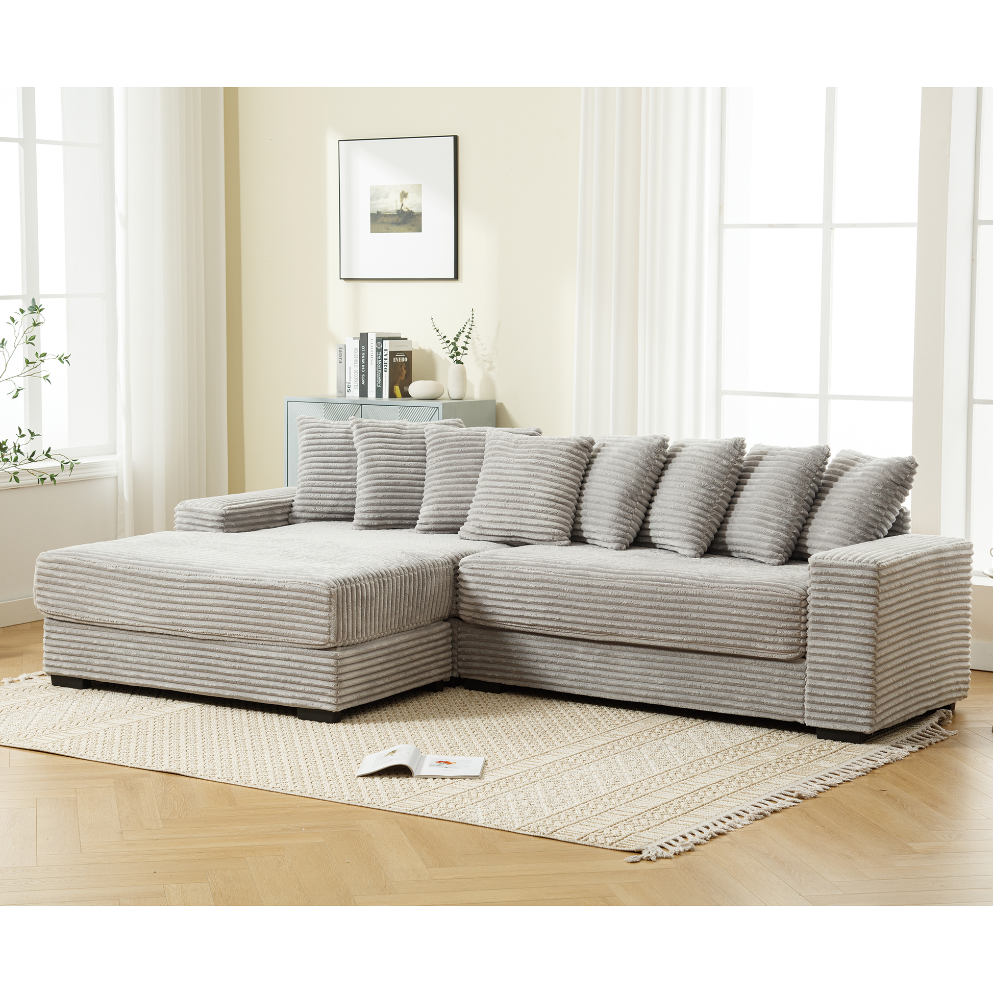 Arrived Oversized Two Piece Couches, L Shaped Sofa, Corduroy, Left Chaise Daybed,With Armrests,Eight Throw Pillows,Corner Sofa,Easy To Assemble, Gray Gray Polyester Wood Primary Living Space Medium Soft Pillow Back Modern Square Arms Wood 3 Seat