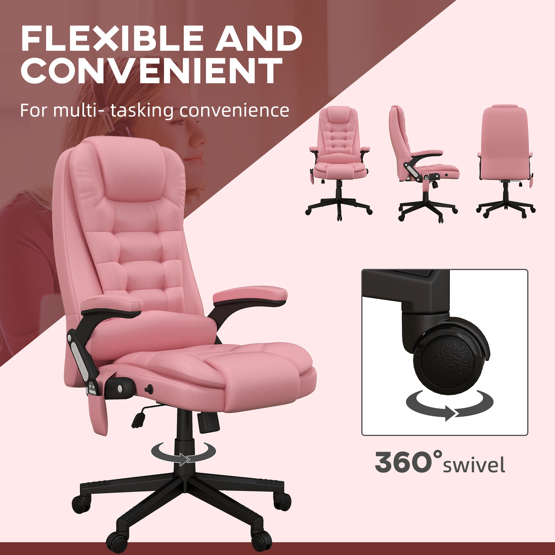 Homcom High Back Vibration Massage Office Chair With 6 Vibration Points, Heated Reclining Pu Leather Computer Chair With Armrest And Remote, Pink Pink Pu