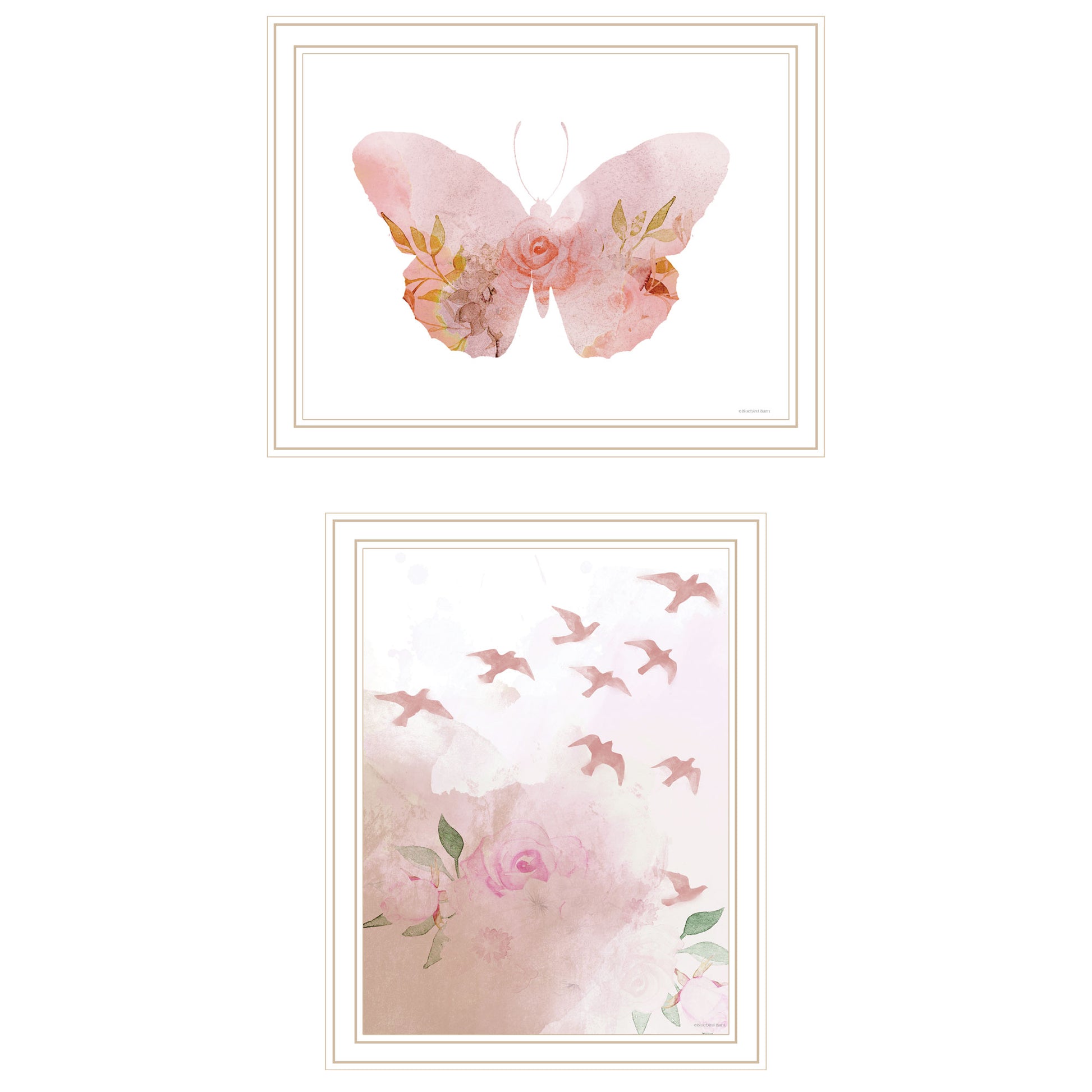 2 Piece Vignette Meadow Flora Birds And Butterflies Framed Wall Art For Living Room, Abstract Wall Art Print For Home Decor, Bedroom Wall Art By Bluebird Multicolor Wood Paper