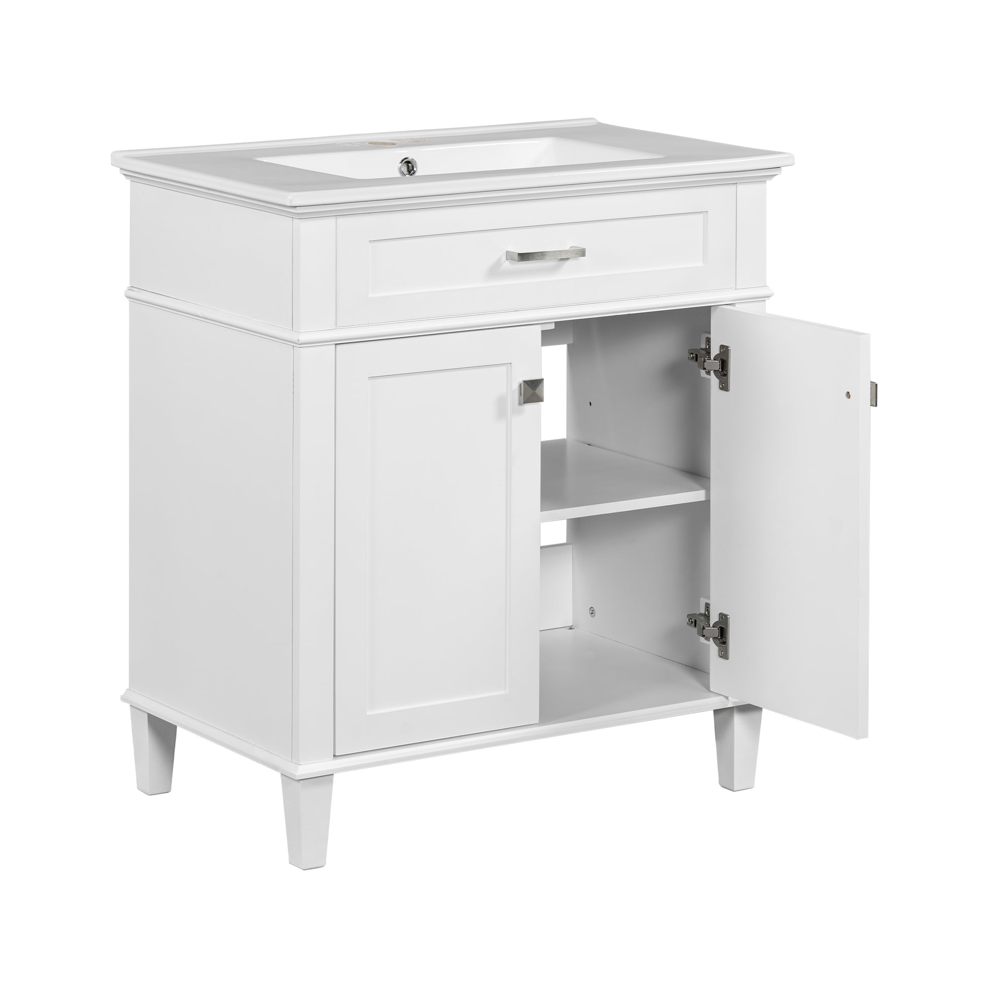 30 Inch Bathroom Vanity With Ceramic Basin, Soft Close Door And Adjustable Shelves White Bathroom Solid Wood Mdf