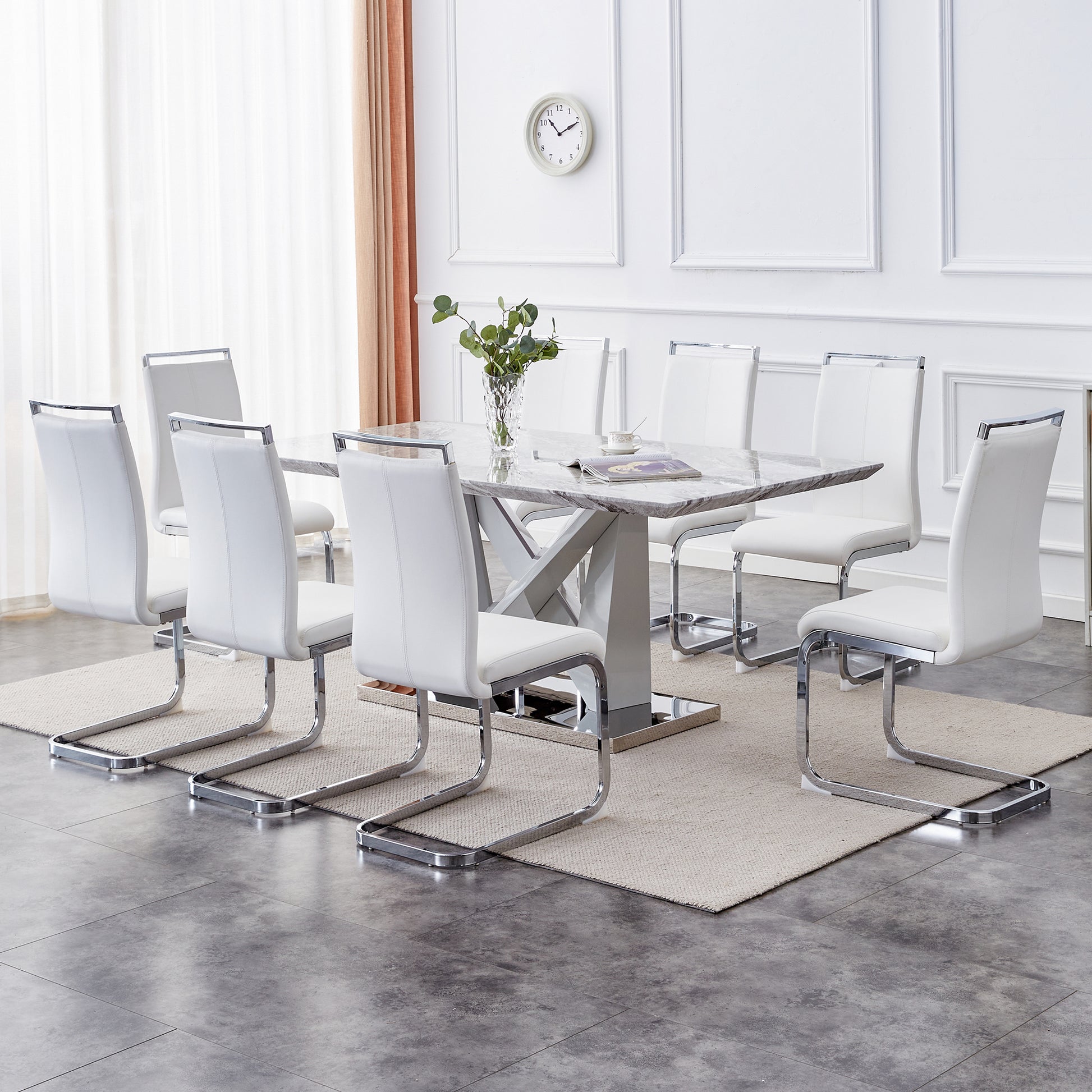 1 Table And 8 Chairs Set.Modern Grey Mdf Faux Marble Dining Table With Double V Shaped Supports.Paired With 8 Modern Pu Artificial Leather Soft Cushion With Silver Metal Legs.F Vv,C 1162 Gray Seats 8 Mdf Metal